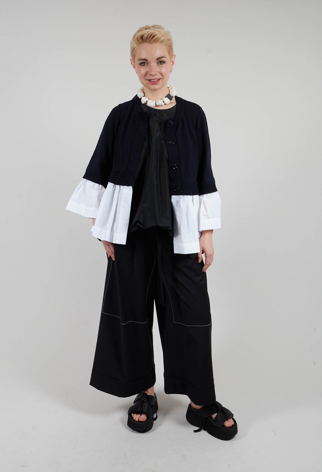 Faux Double Layer Cardigan in Polar Night and Off White