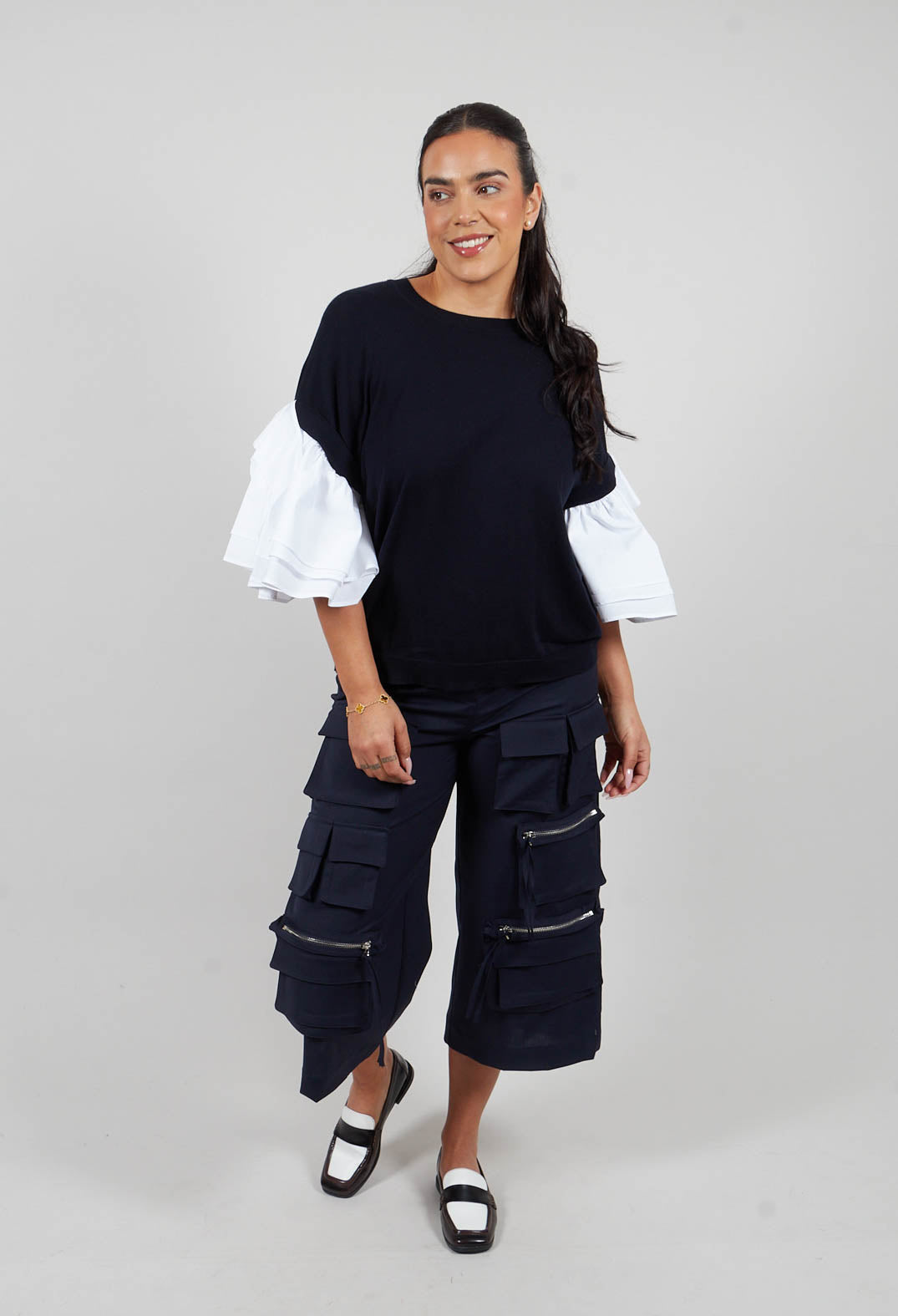 Shirt Sleeve Jumper in Polar Night and Off White