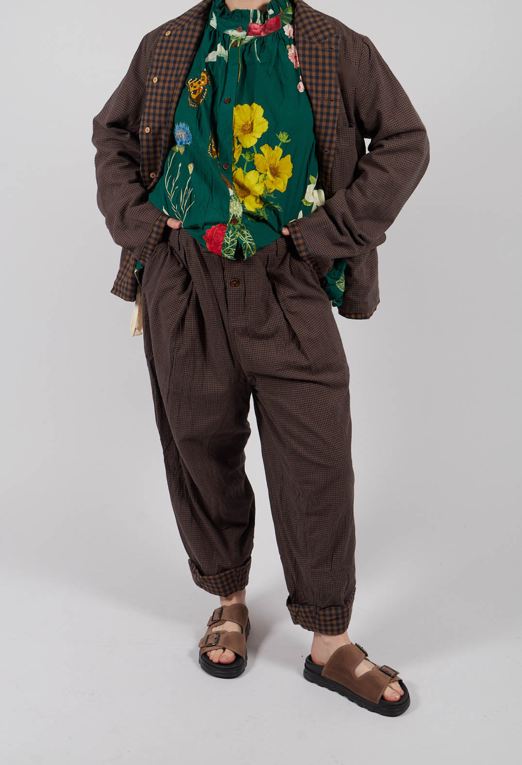 Turn Up Trouser in Blue/Brown Check