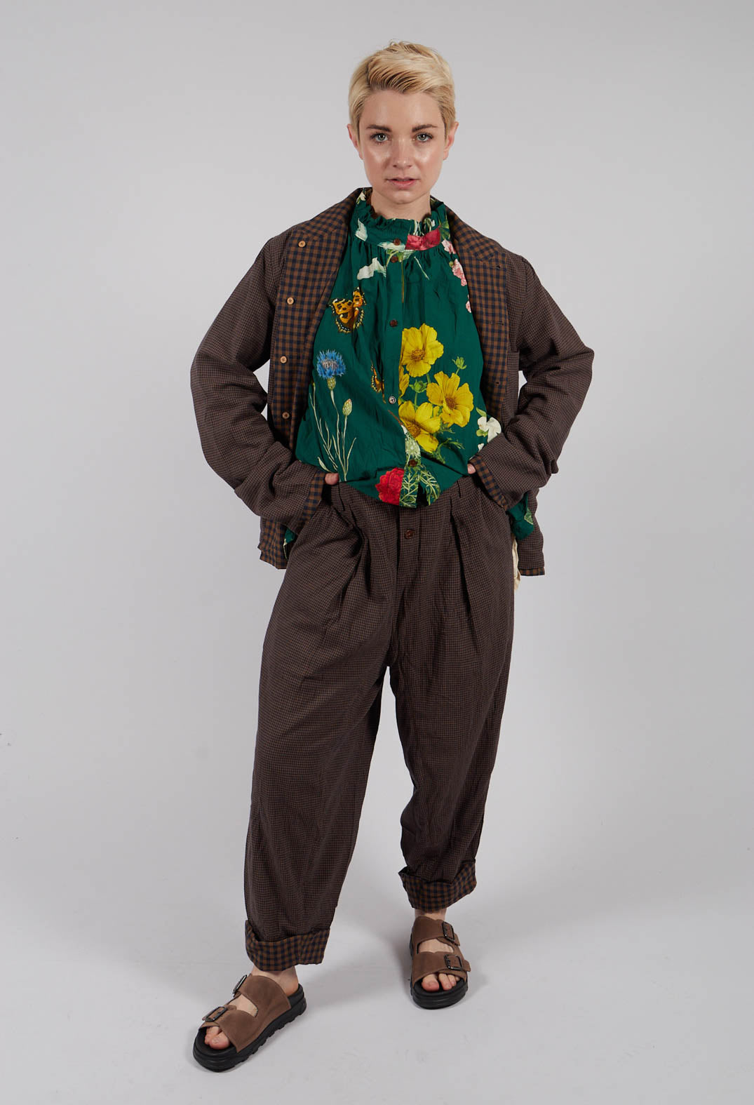Turn Up Trouser in Blue/Brown Check