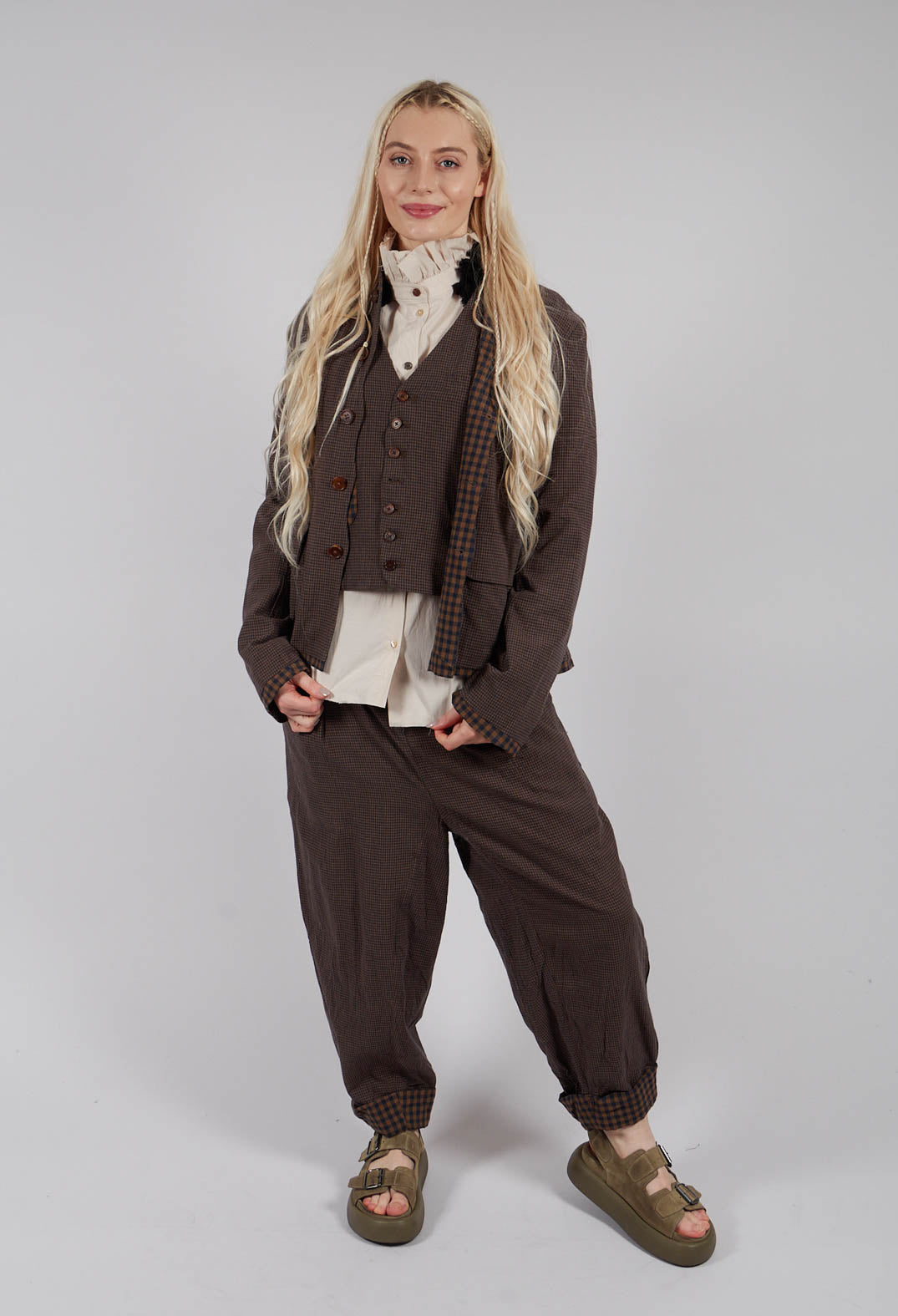 Turn Up Trouser in Blue/Brown Check