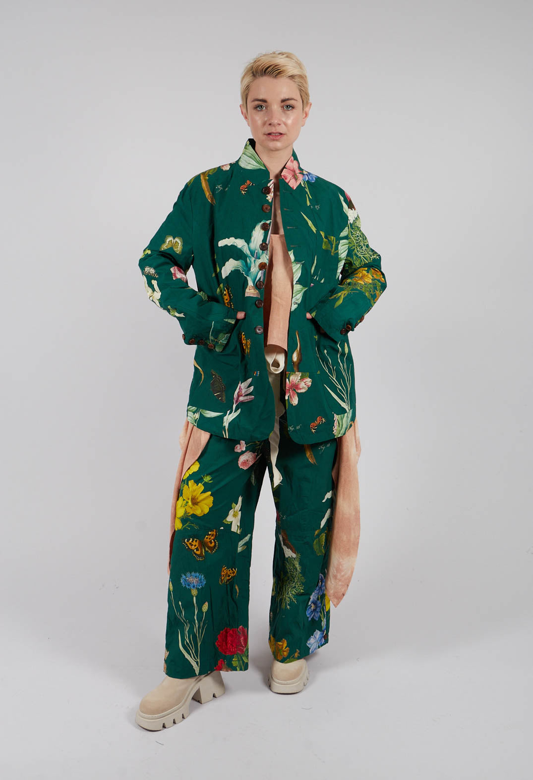 Patterned Collarless Jacket in Jandin Vert