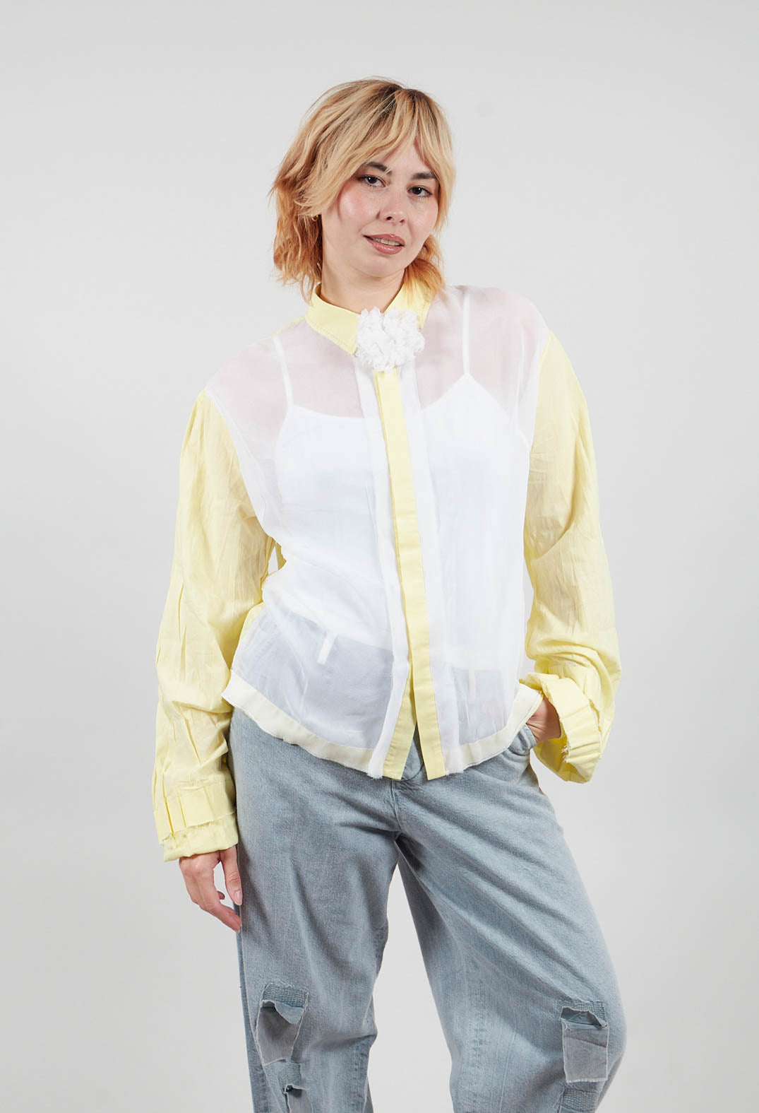 Semi Sheer Front Shirt in White and Yellow