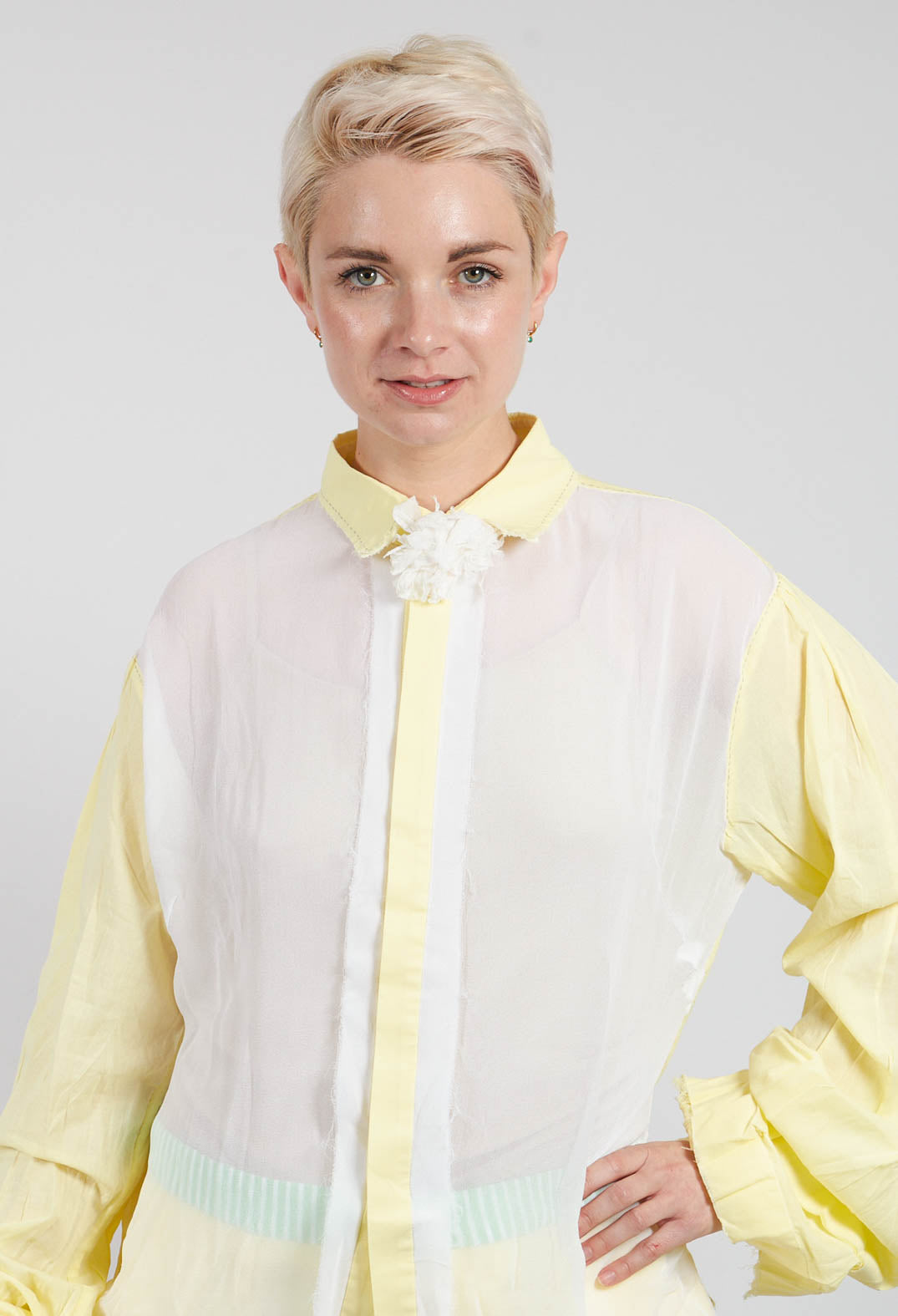 Semi Sheer Front Shirt in White and Yellow