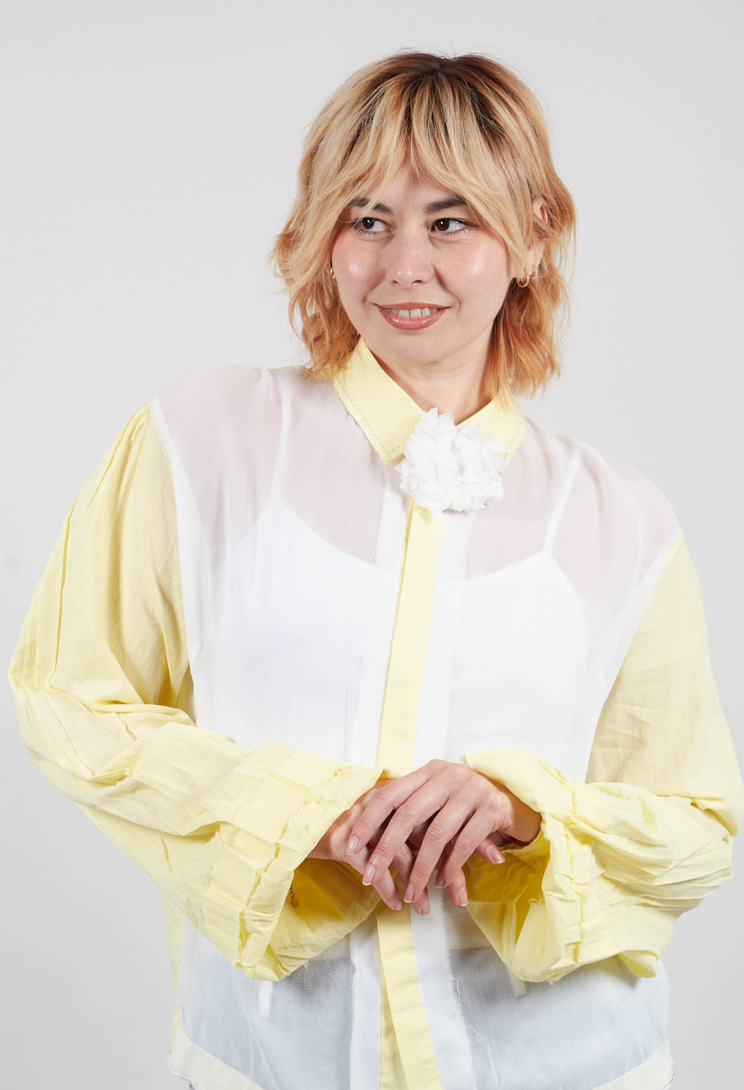 Semi Sheer Front Shirt in White and Yellow