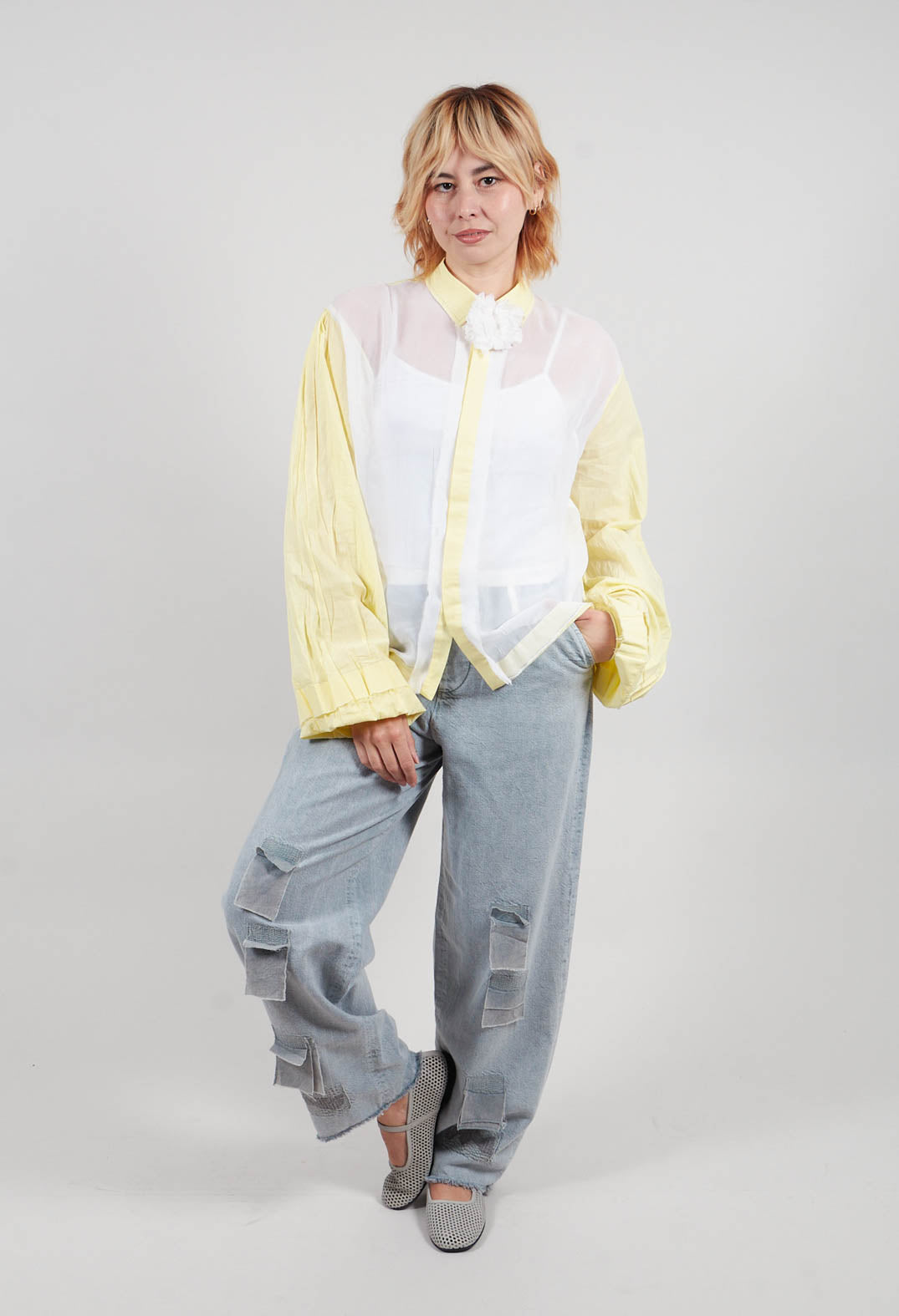 Semi Sheer Front Shirt in White and Yellow
