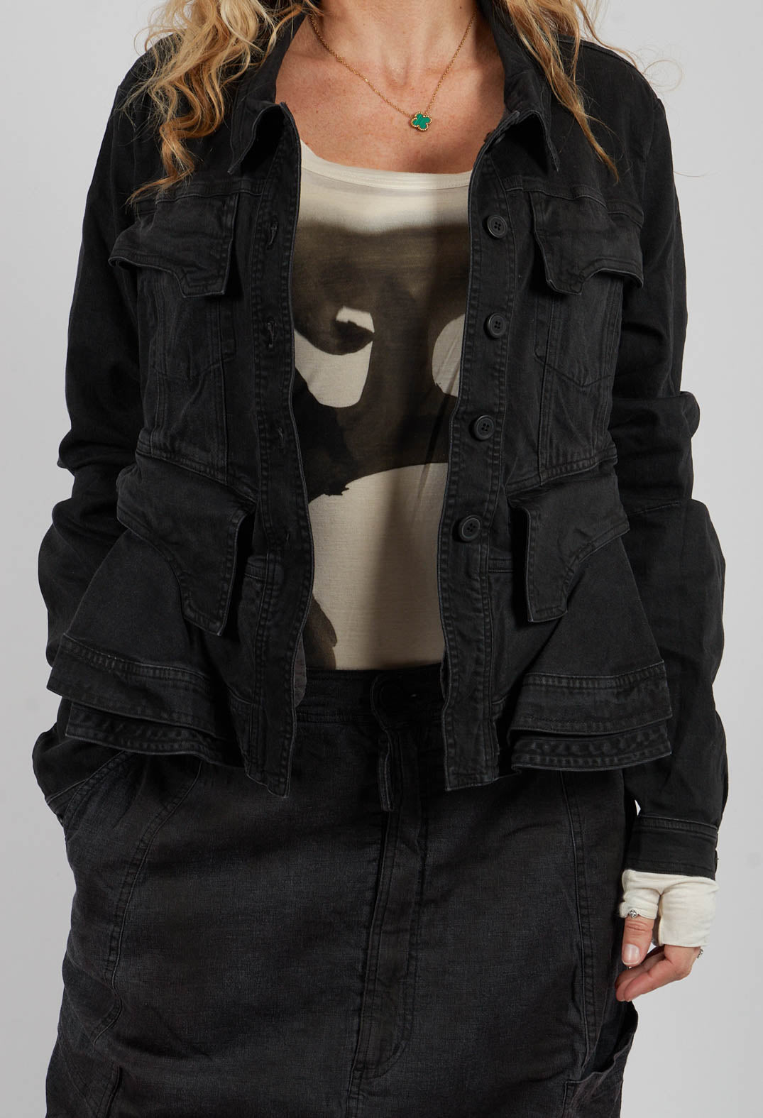 Cropped Jacket with Frilled Hem in Turf Black - 1031103