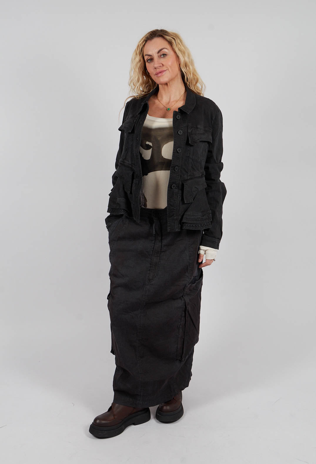 Cropped Jacket with Frilled Hem in Turf Black - 1031103