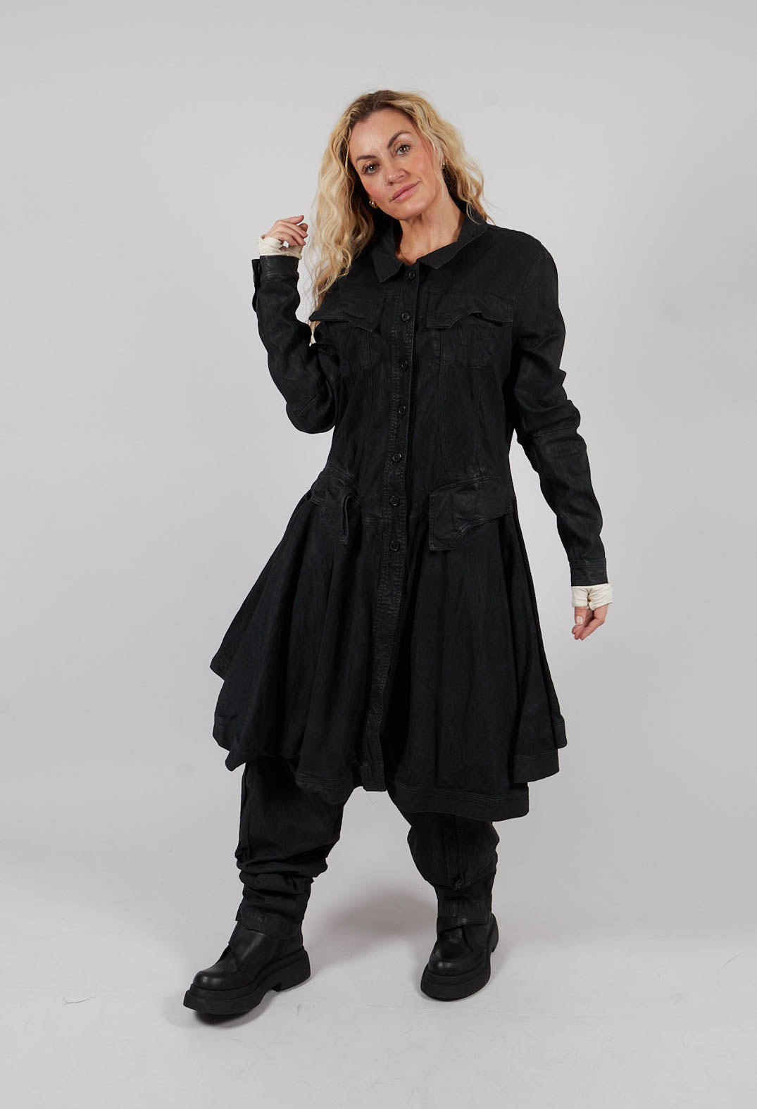 Coat with Frilled Hem in Black Gloss - 1031206