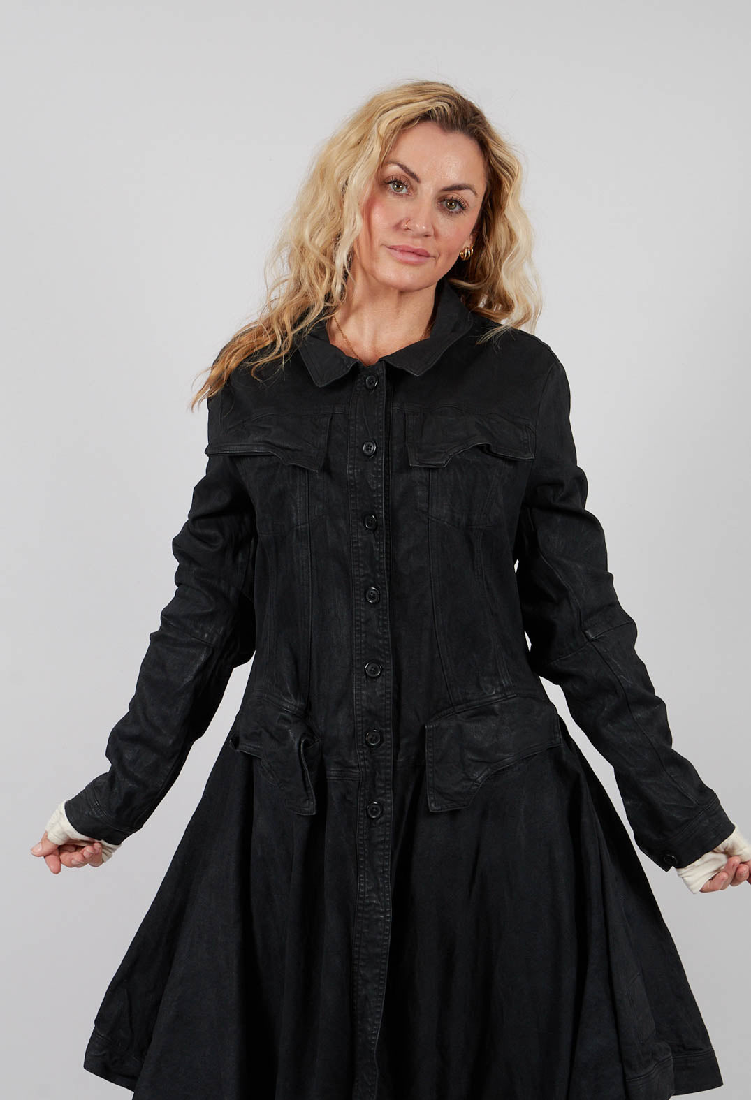 Coat with Frilled Hem in Black Gloss - 1031206