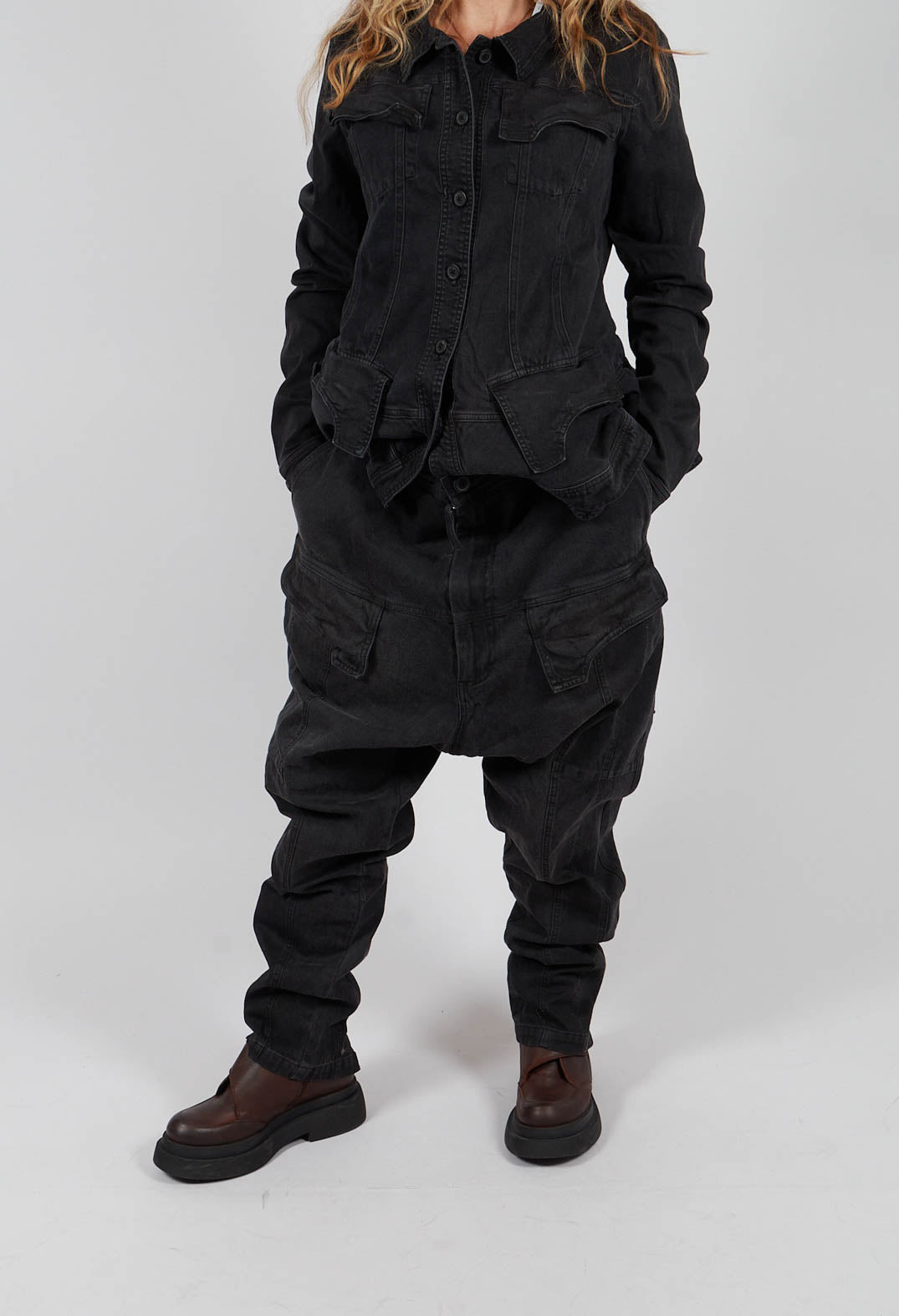 Drop Crotch Trousers with Pockets in Turf Black - 1030107