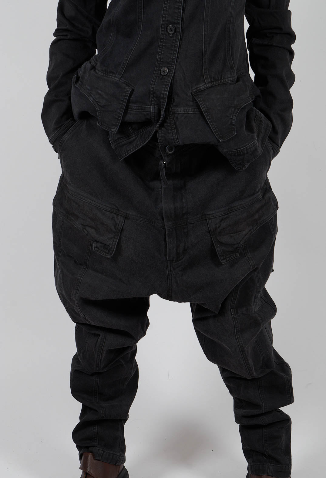 Drop Crotch Trousers with Pockets in Turf Black - 1030107