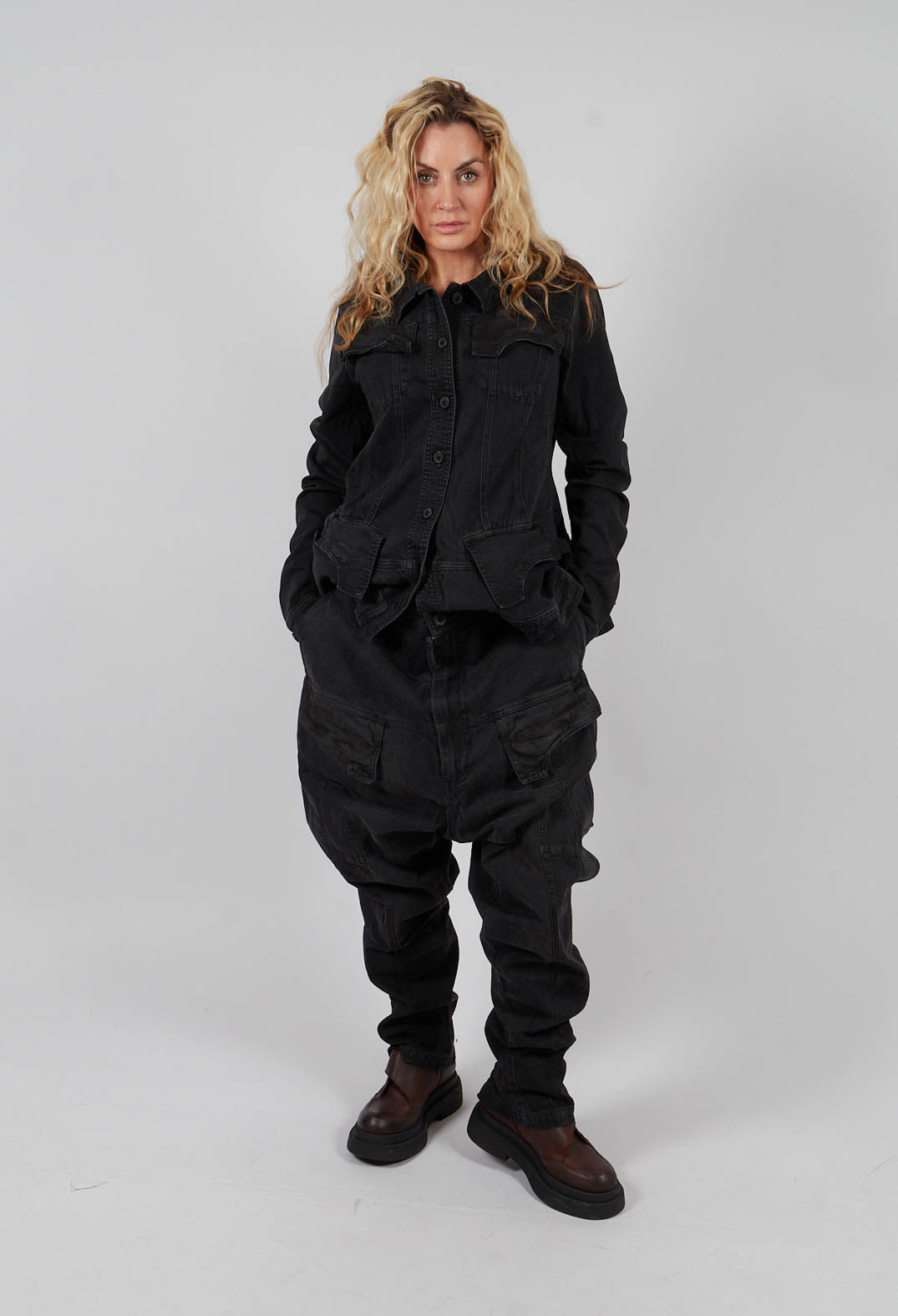Drop Crotch Trousers with Pockets in Turf Black - 1030107