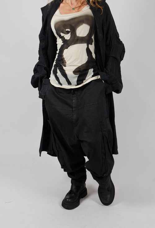 Drop Crotch Trousers with Belt in Black Gloss - 1070103