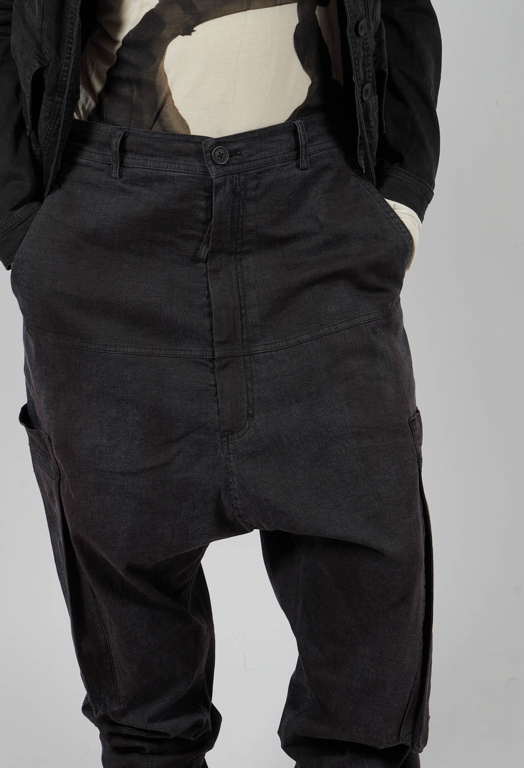 Drop Crotch Trousers with Belt in Turf Black - 1070103