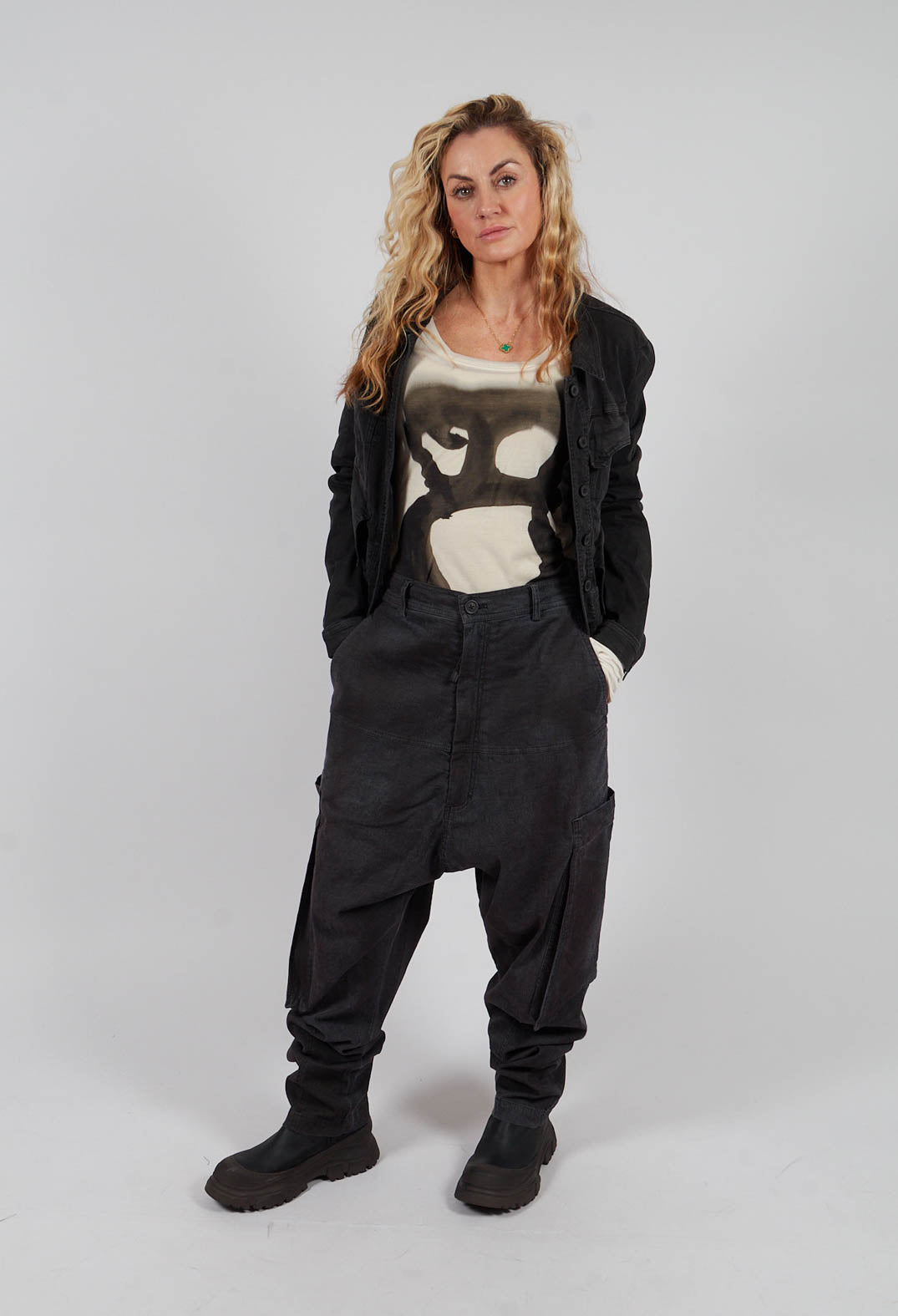 Drop Crotch Trousers with Belt in Turf Black - 1070103