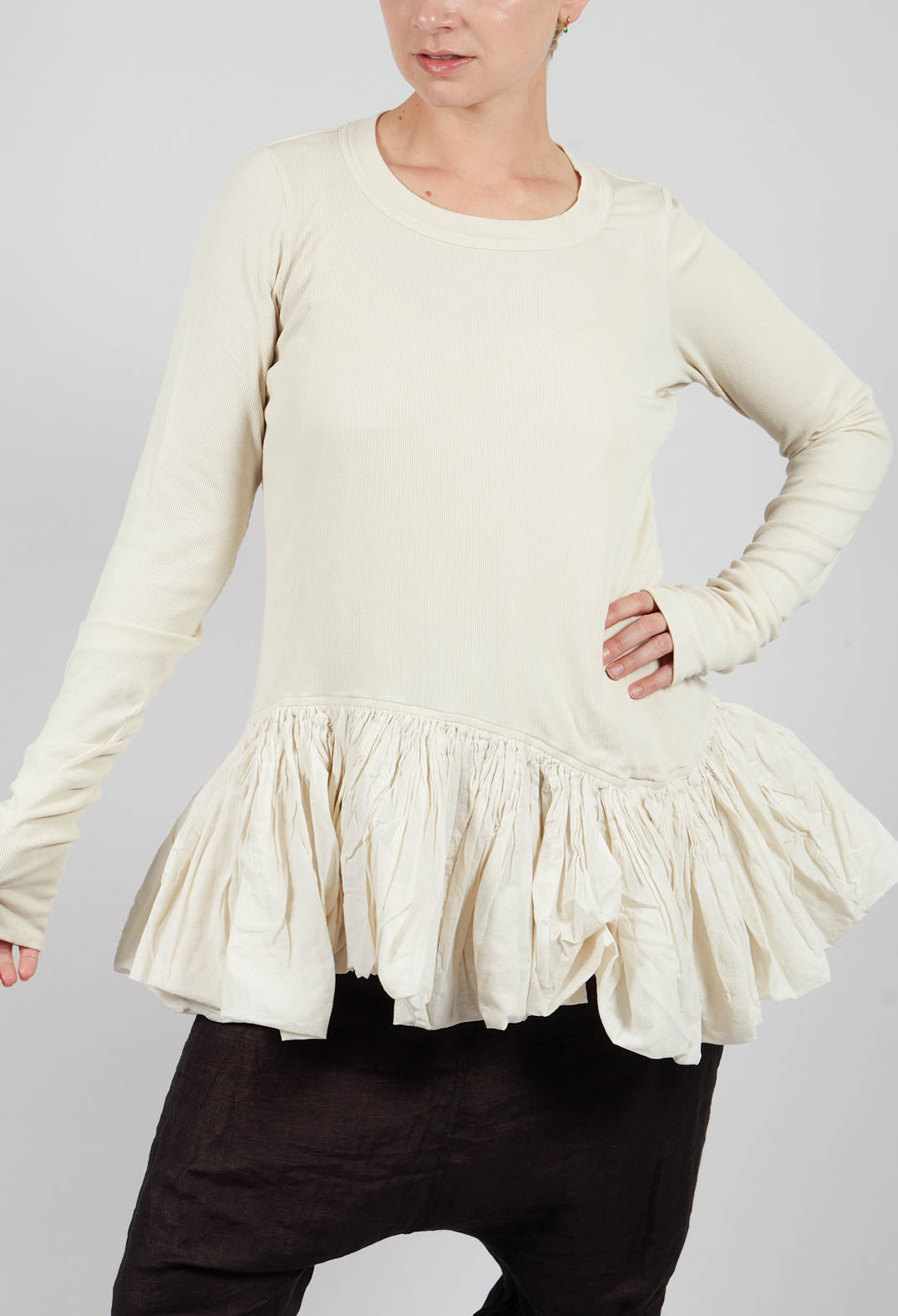 Long Sleeve T-Shirt with Peplum Hem in Bone - 1180505