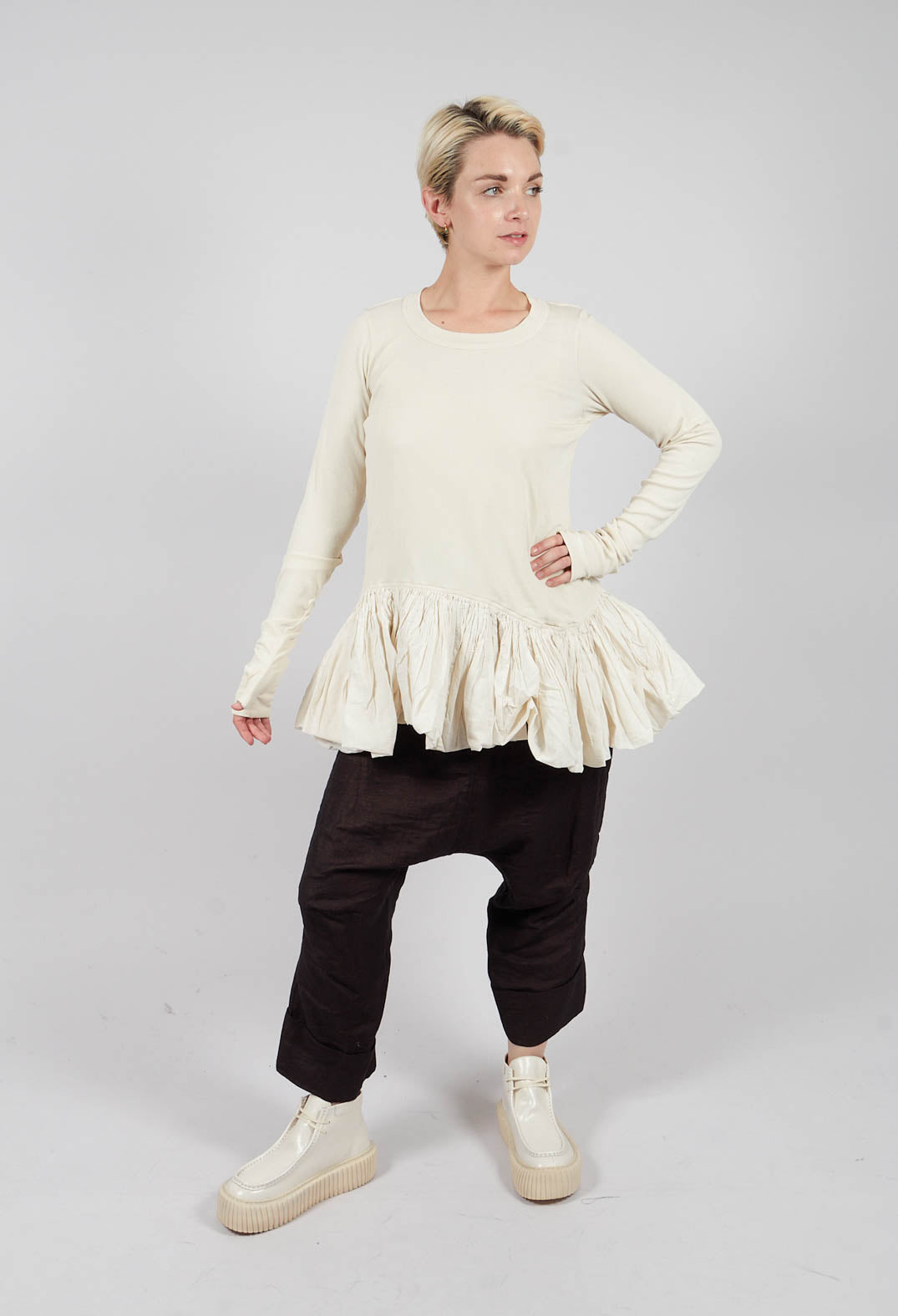 Long Sleeve T-Shirt with Peplum Hem in Bone - 1180505