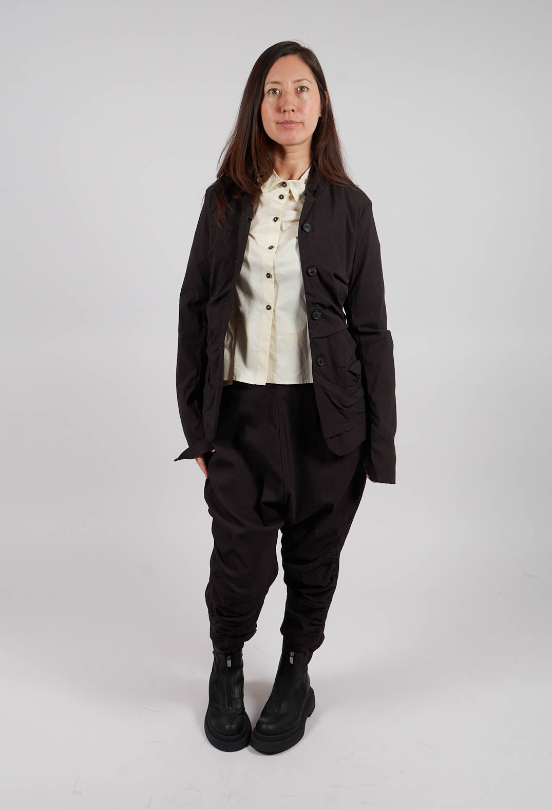 PRE-ORDER - Cotton Shirt with Gathered Hemline in Bone - 1230404