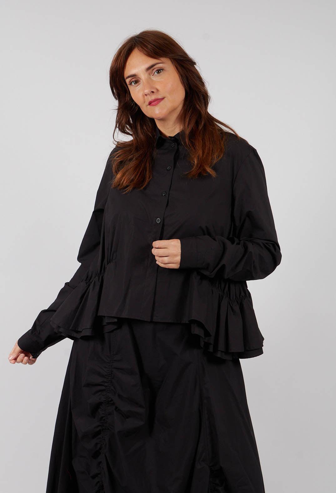 Cotton Shirt with Gathered Hemline in Black - 1230404