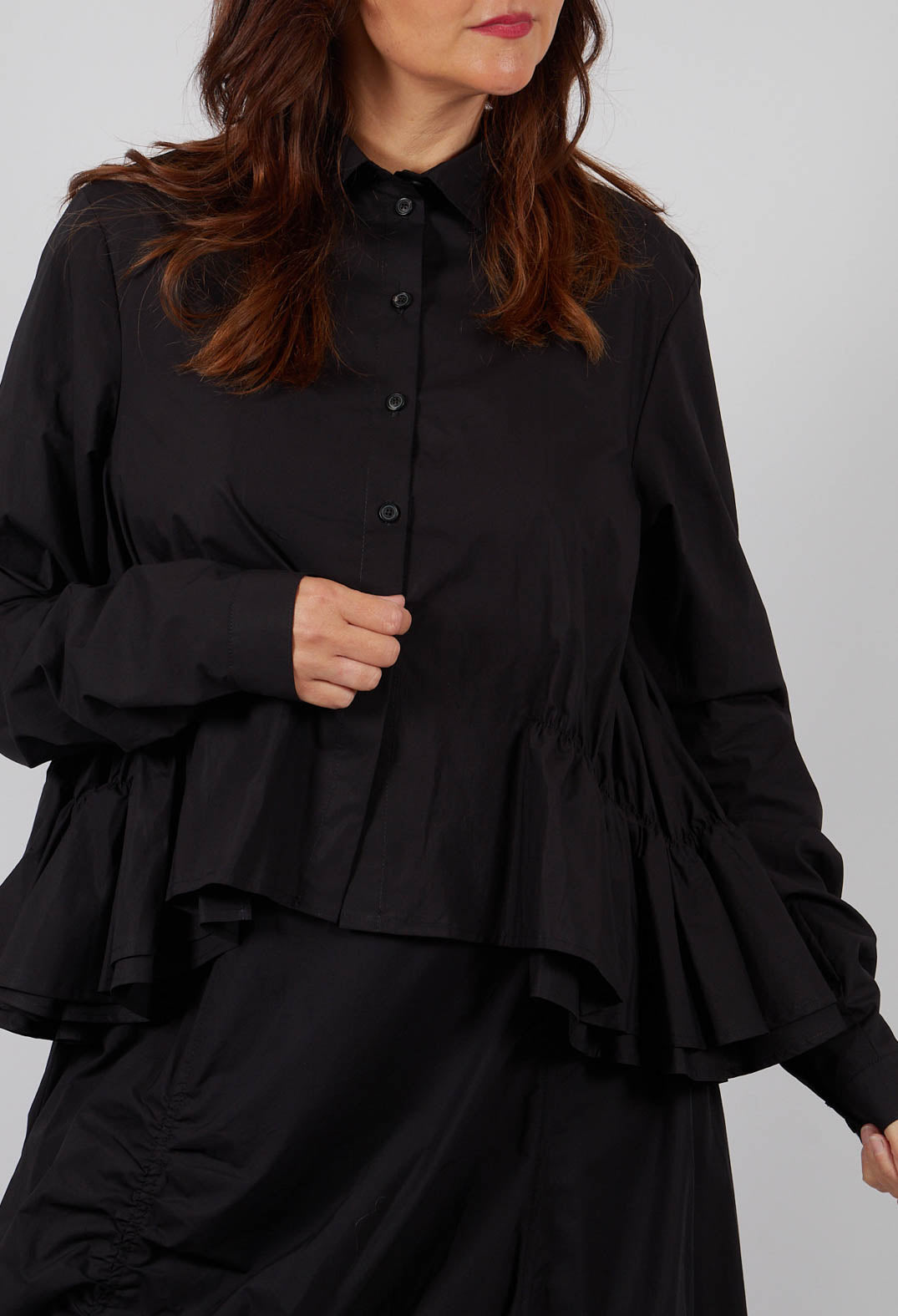 Cotton Shirt with Gathered Hemline in Black - 1230404