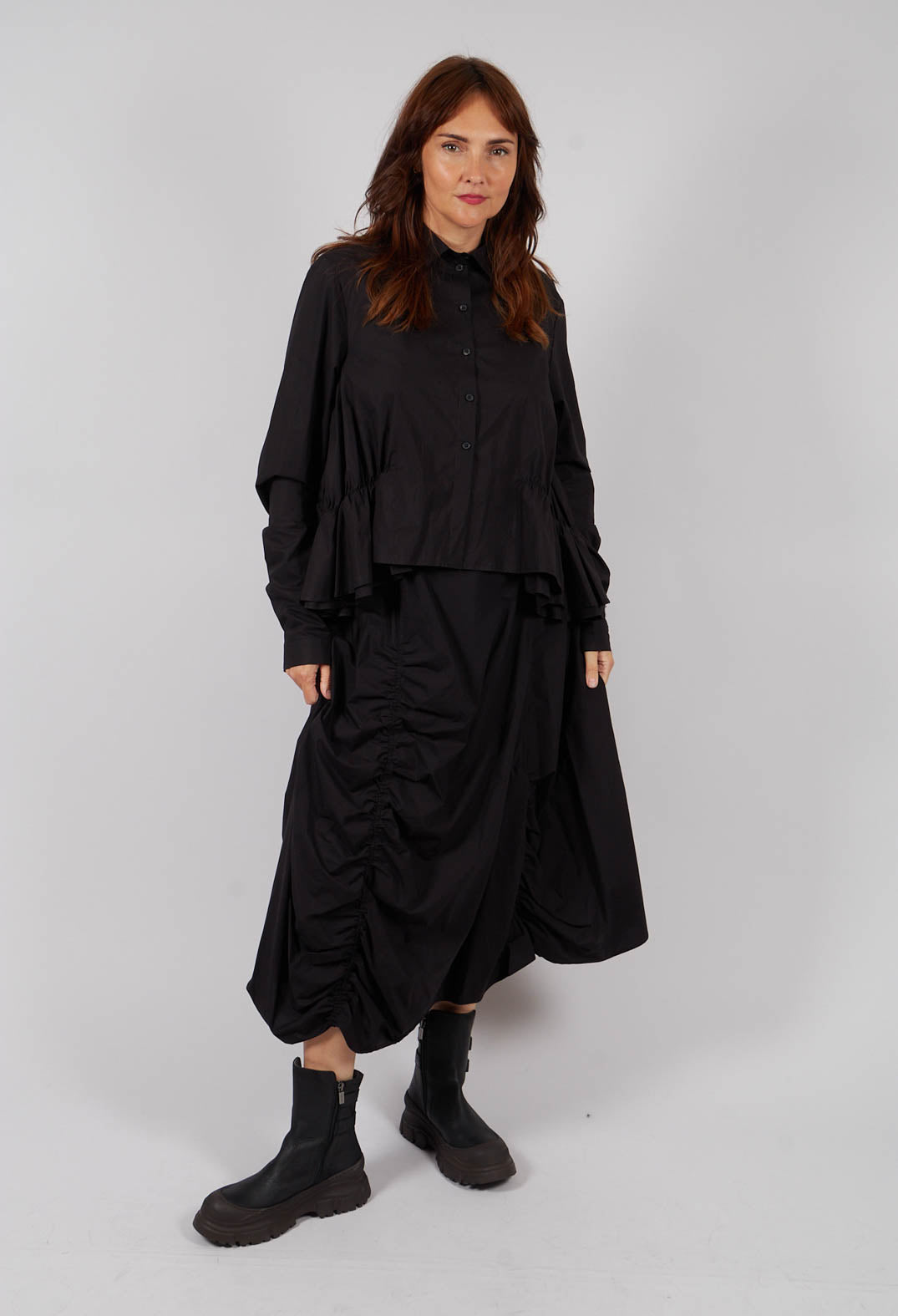 Cotton Shirt with Gathered Hemline in Black - 1230404