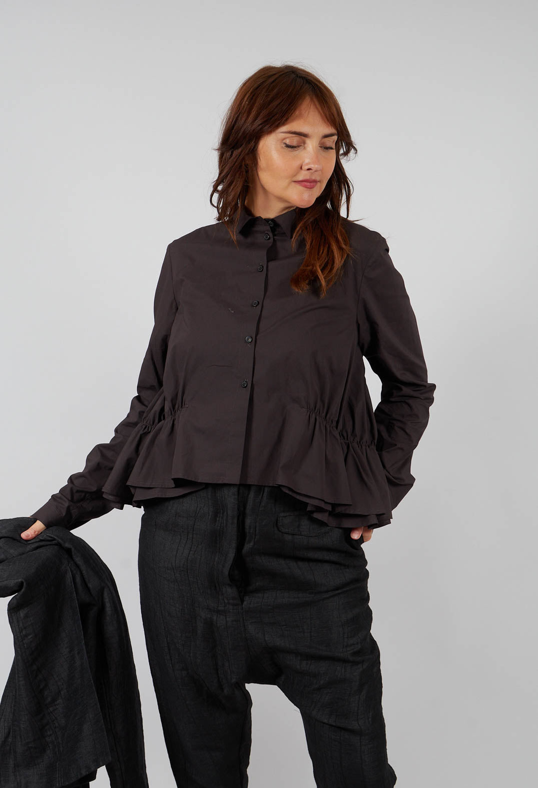 Cotton Shirt with Gathered Hemline in Turf - 1230404