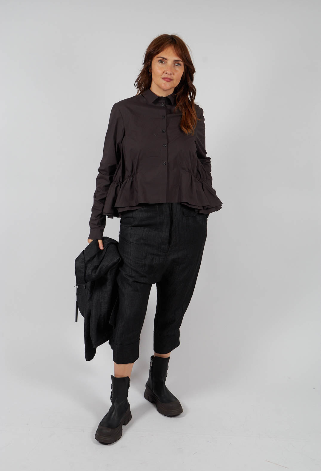 Cotton Shirt with Gathered Hemline in Turf - 1230404