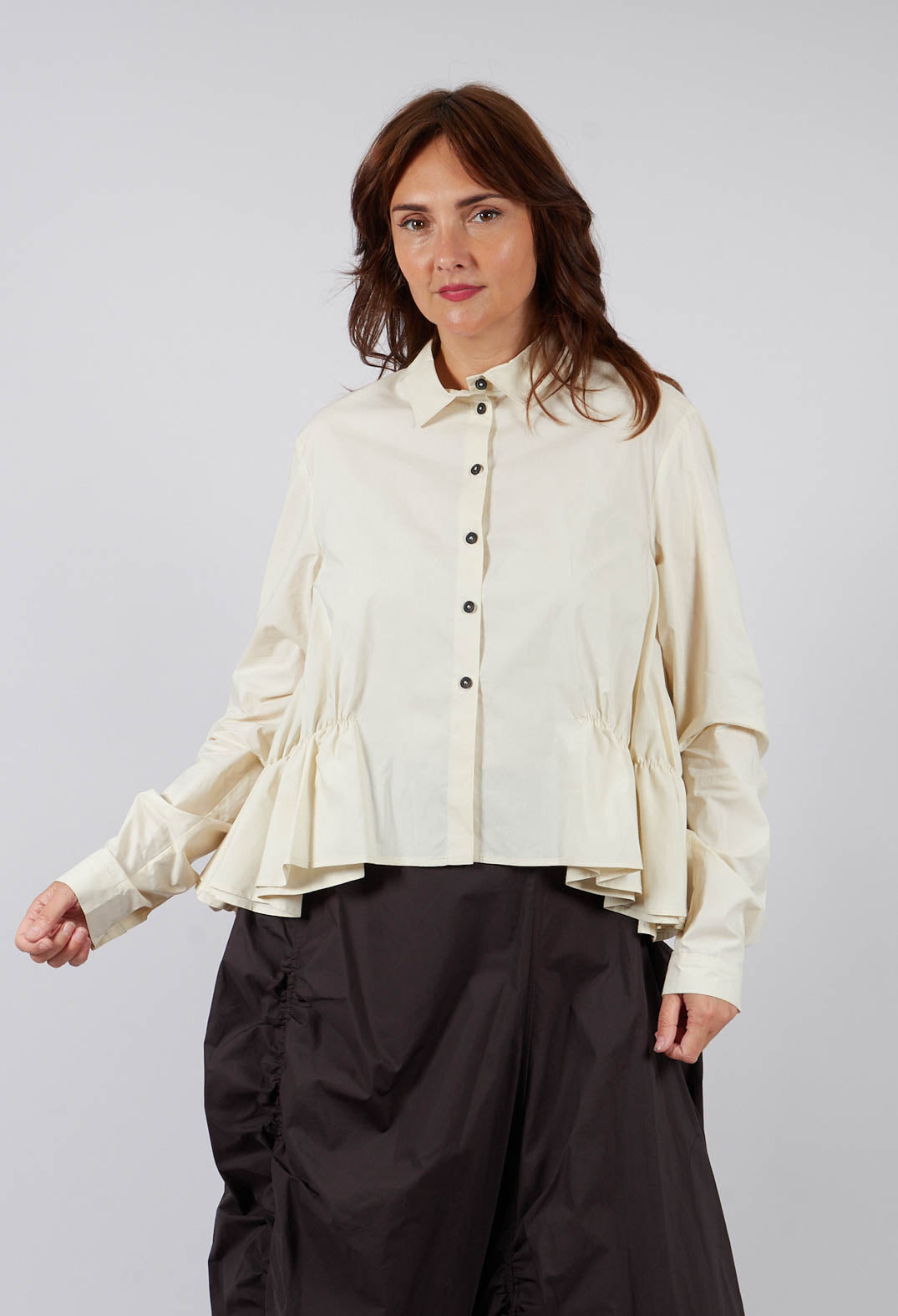 PRE-ORDER - Cotton Shirt with Gathered Hemline in Bone - 1230404