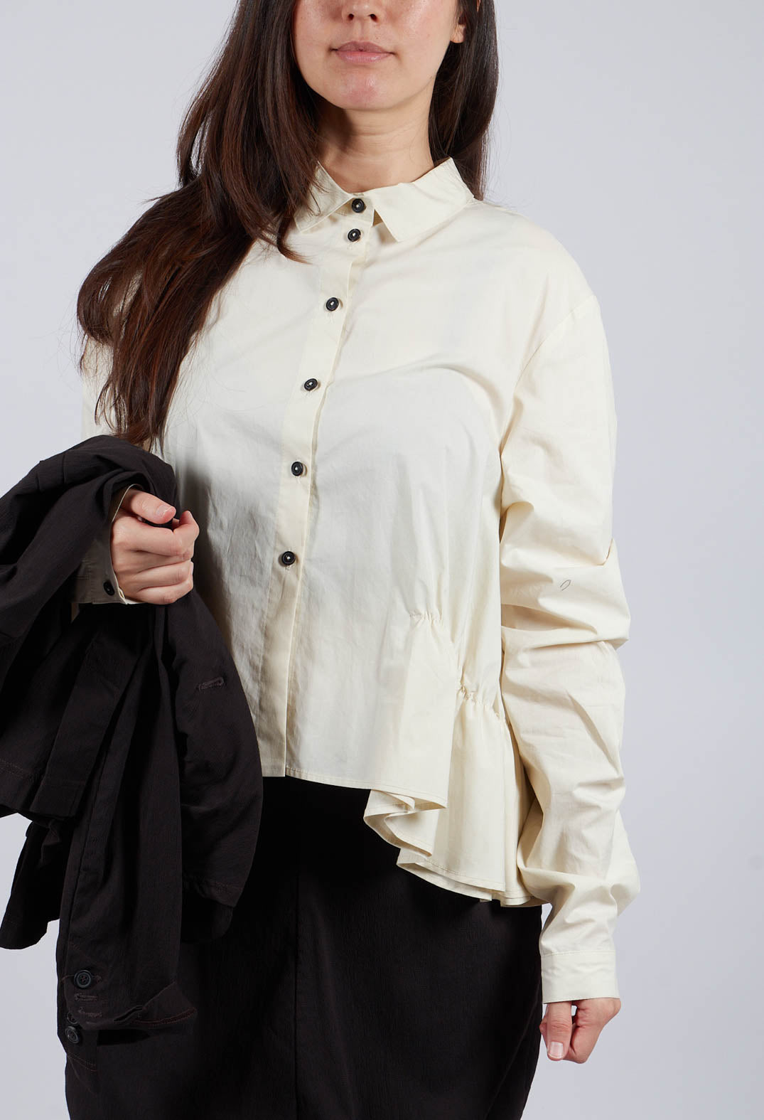 PRE-ORDER - Cotton Shirt with Gathered Hemline in Bone - 1230404