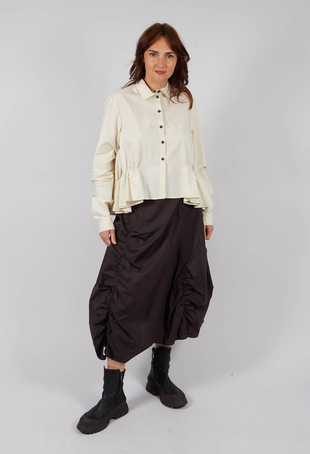 PRE-ORDER - Cotton Shirt with Gathered Hemline in Bone - 1230404