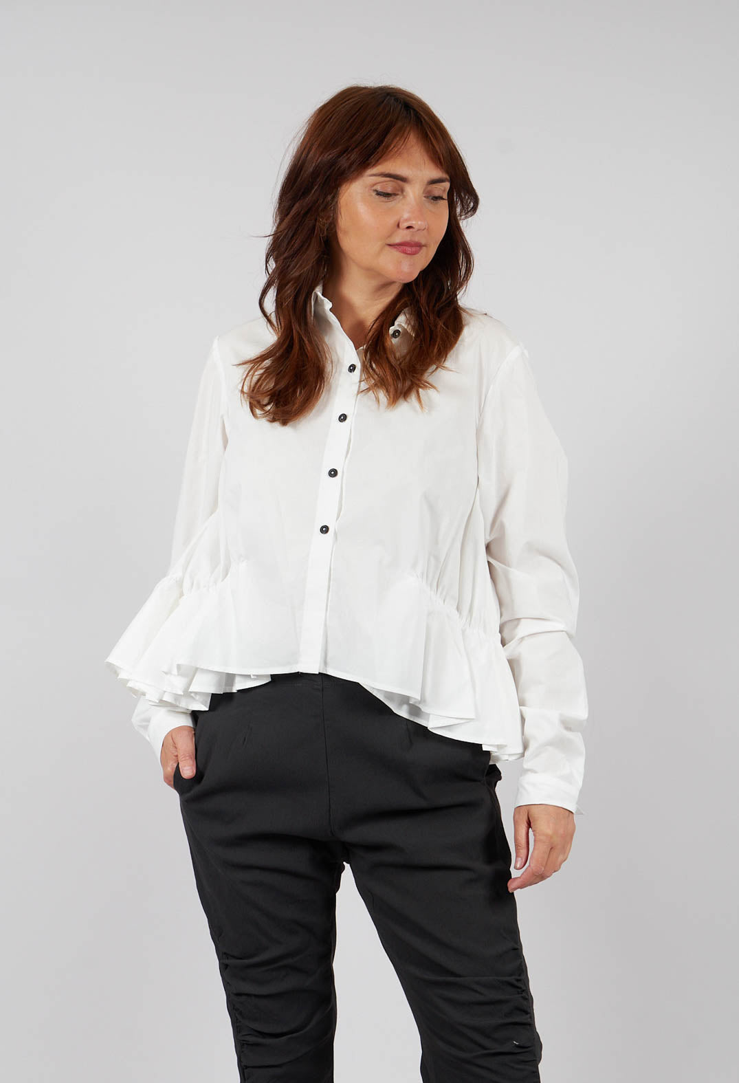 Cotton Shirt with Gathered Hemline in Ghost White - 1230404