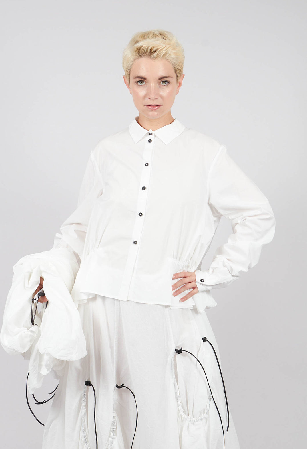 Cotton Shirt with Gathered Hemline in Ghost White - 1230404