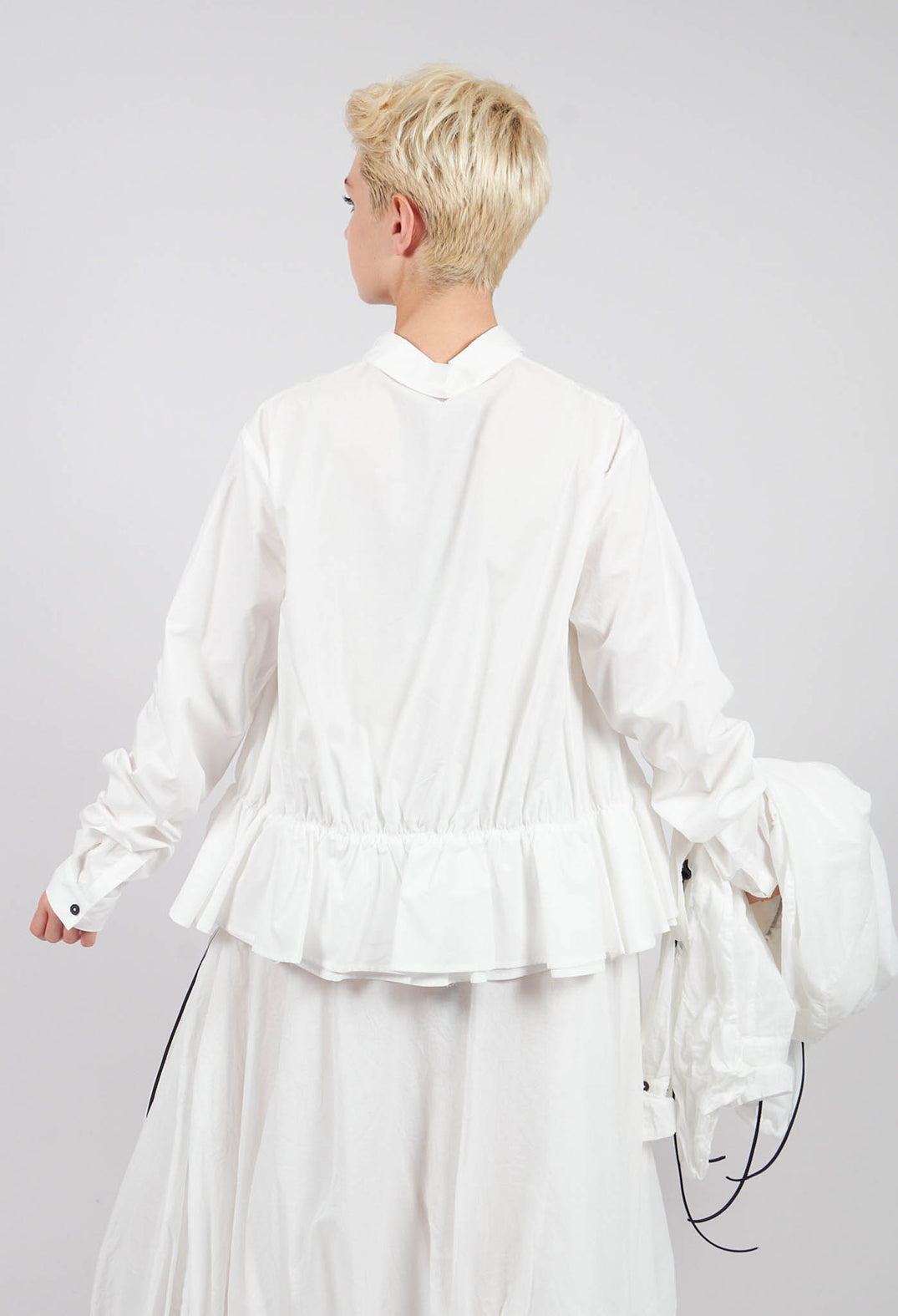 Cotton Shirt with Gathered Hemline in Ghost White - 1230404