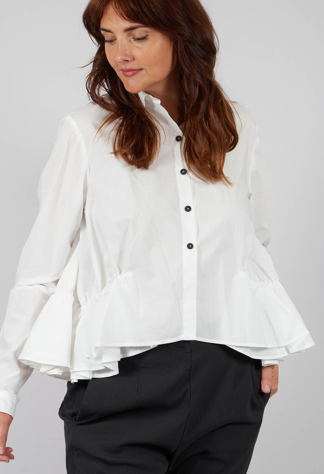 Cotton Shirt with Gathered Hemline in Ghost White - 1230404