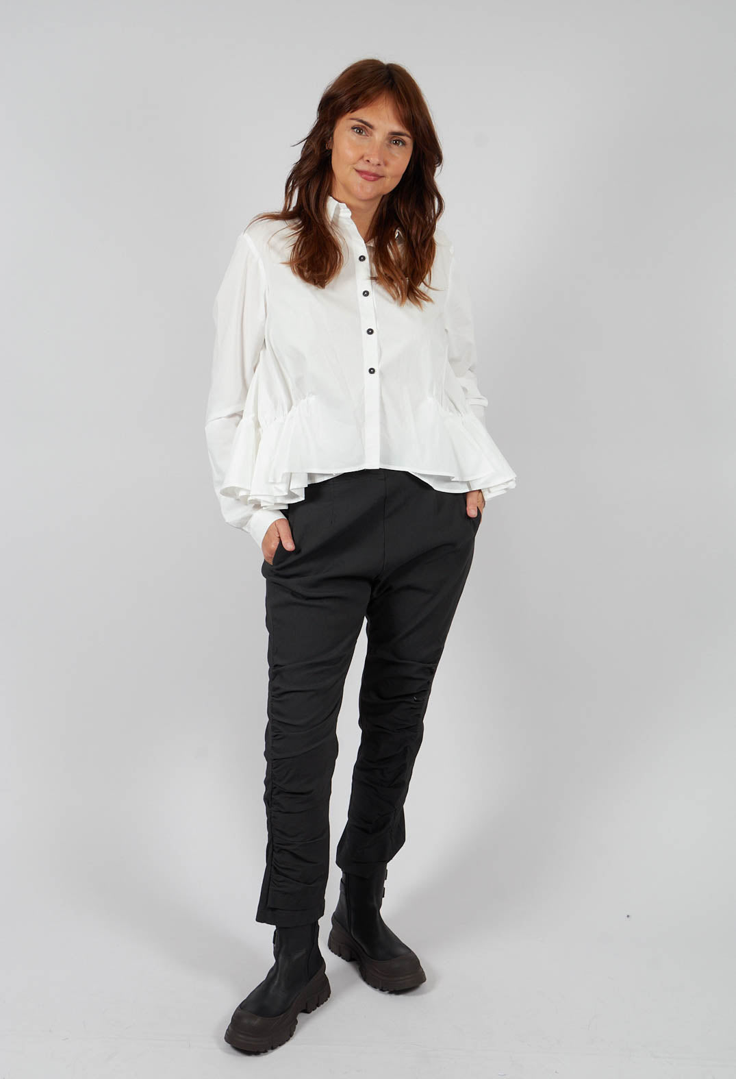 Cotton Shirt with Gathered Hemline in Ghost White - 1230404