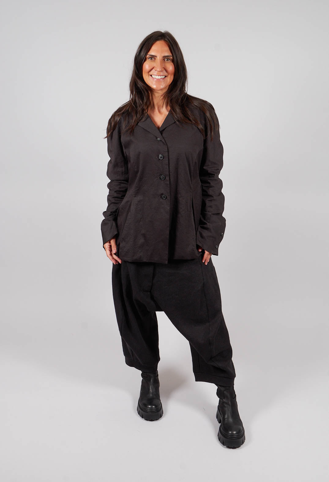 Ankle Cropped Drop Crotch Trousers in Black Mel - 1260110