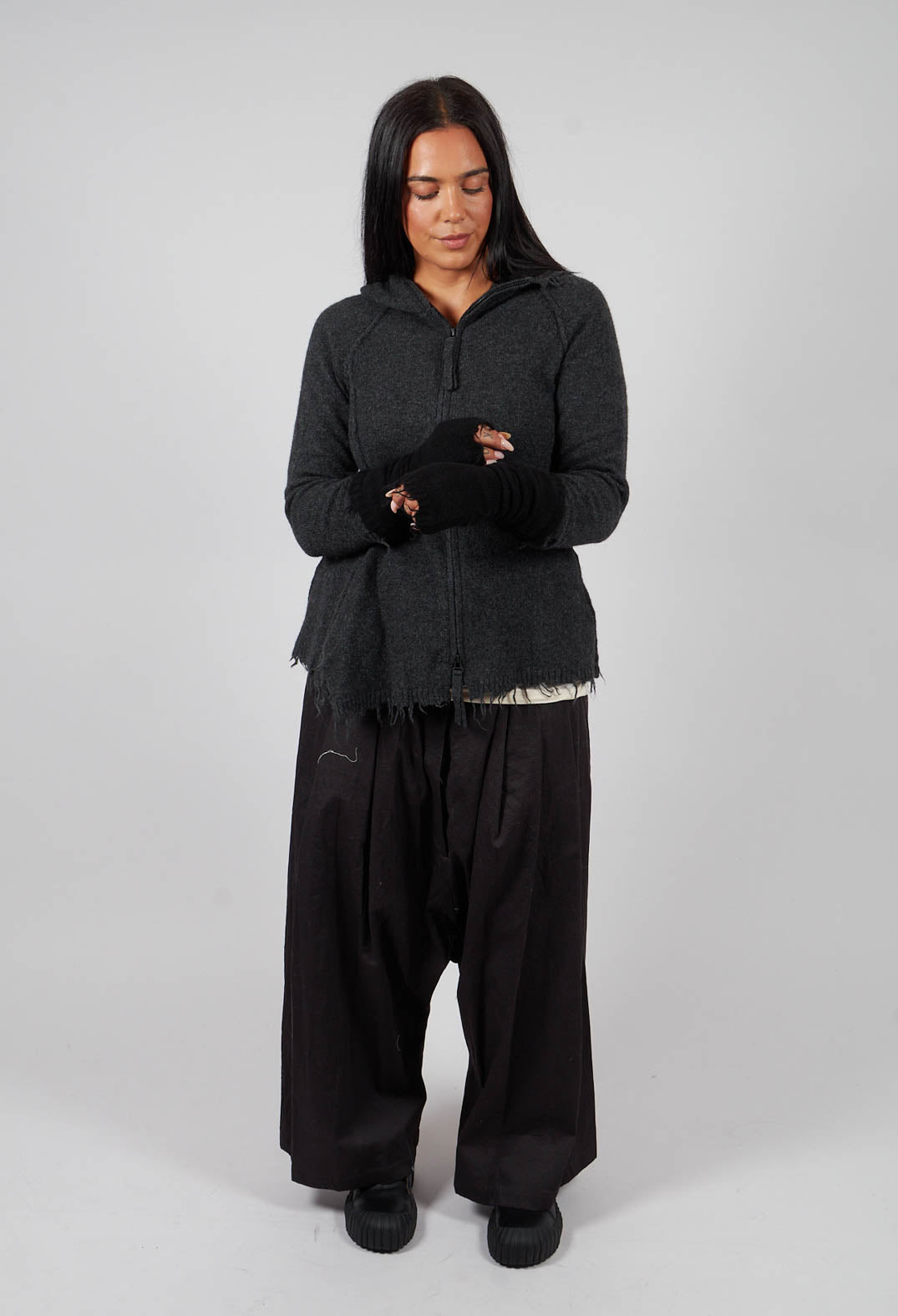 PRE-ORDER - Fingerless Gloves with Raw Edges in Black (Pictured in Crow Mel) - 1533107
