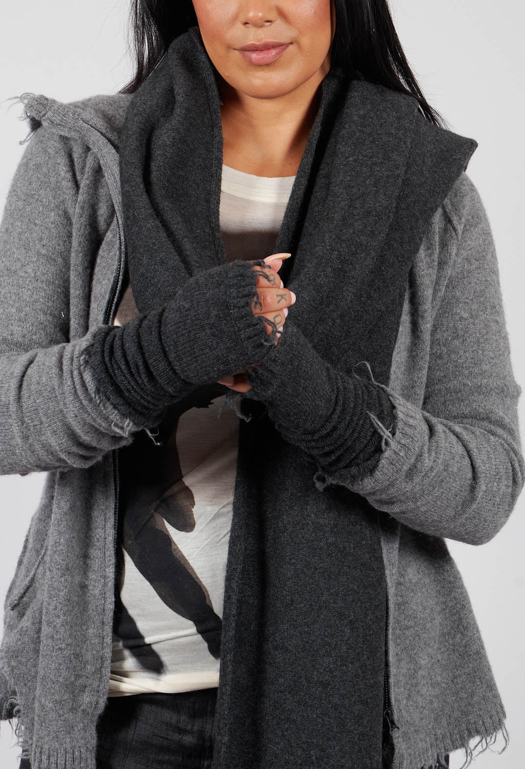 Fingerless Gloves with Raw Edges in Crow Mel - 1533107