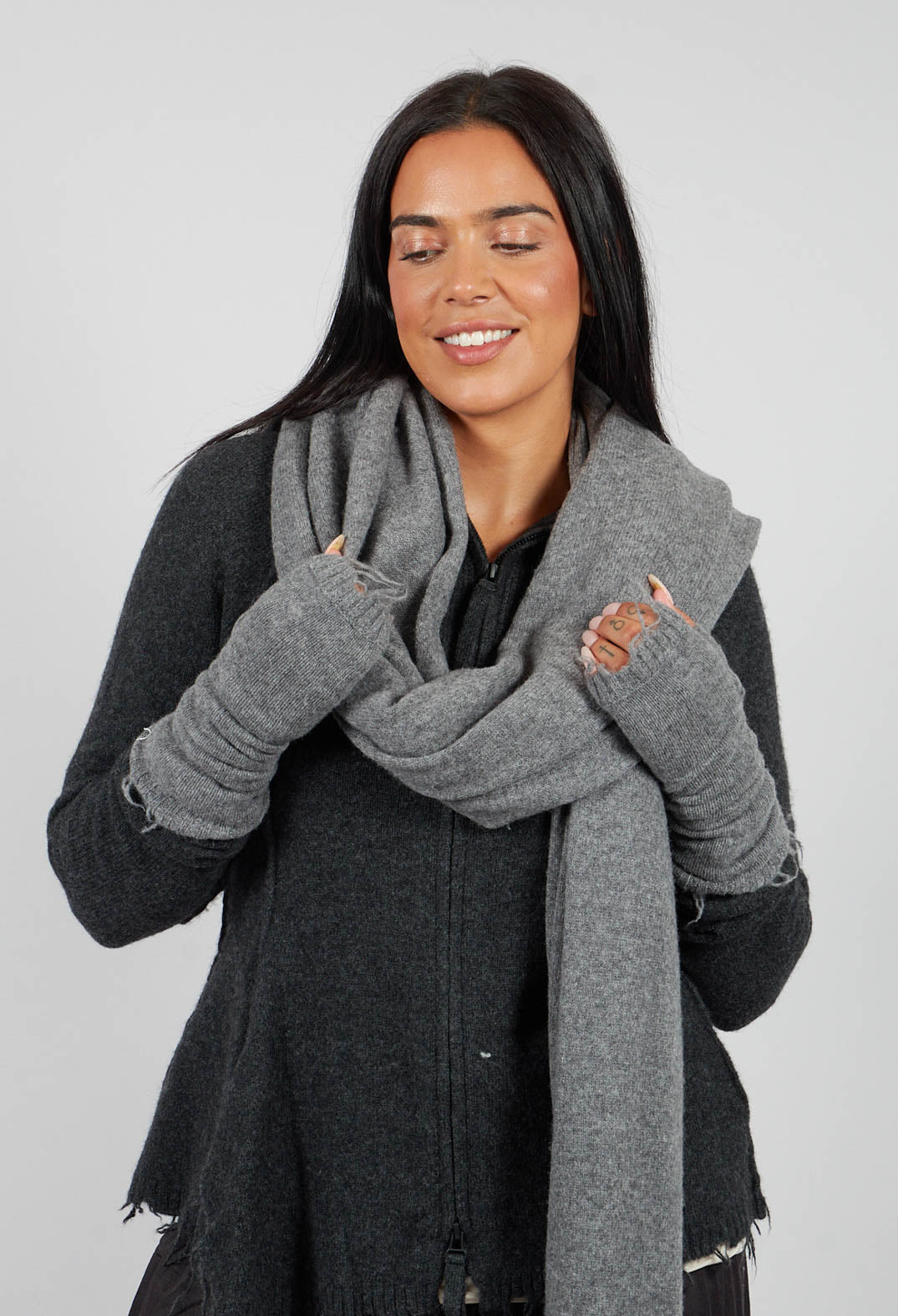 Fingerless Gloves with Raw Edges in Brume Mel - 1533107