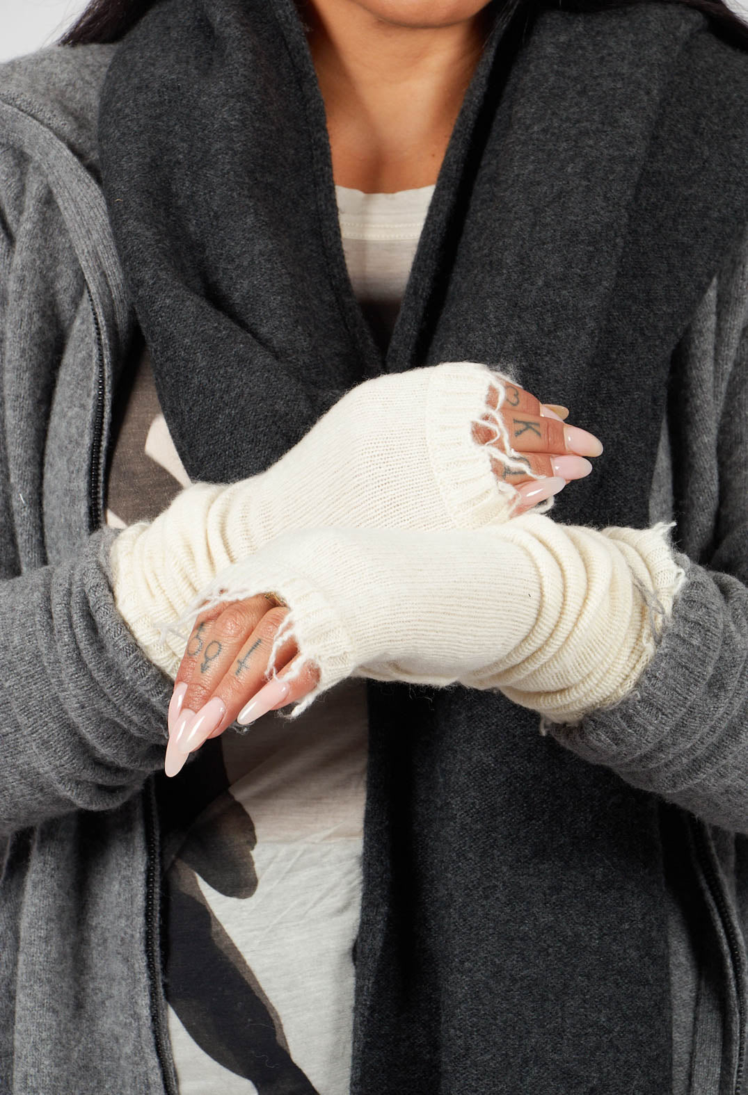 PRE-ORDER - Fingerless Gloves with Raw Edges in Bone - 1533107