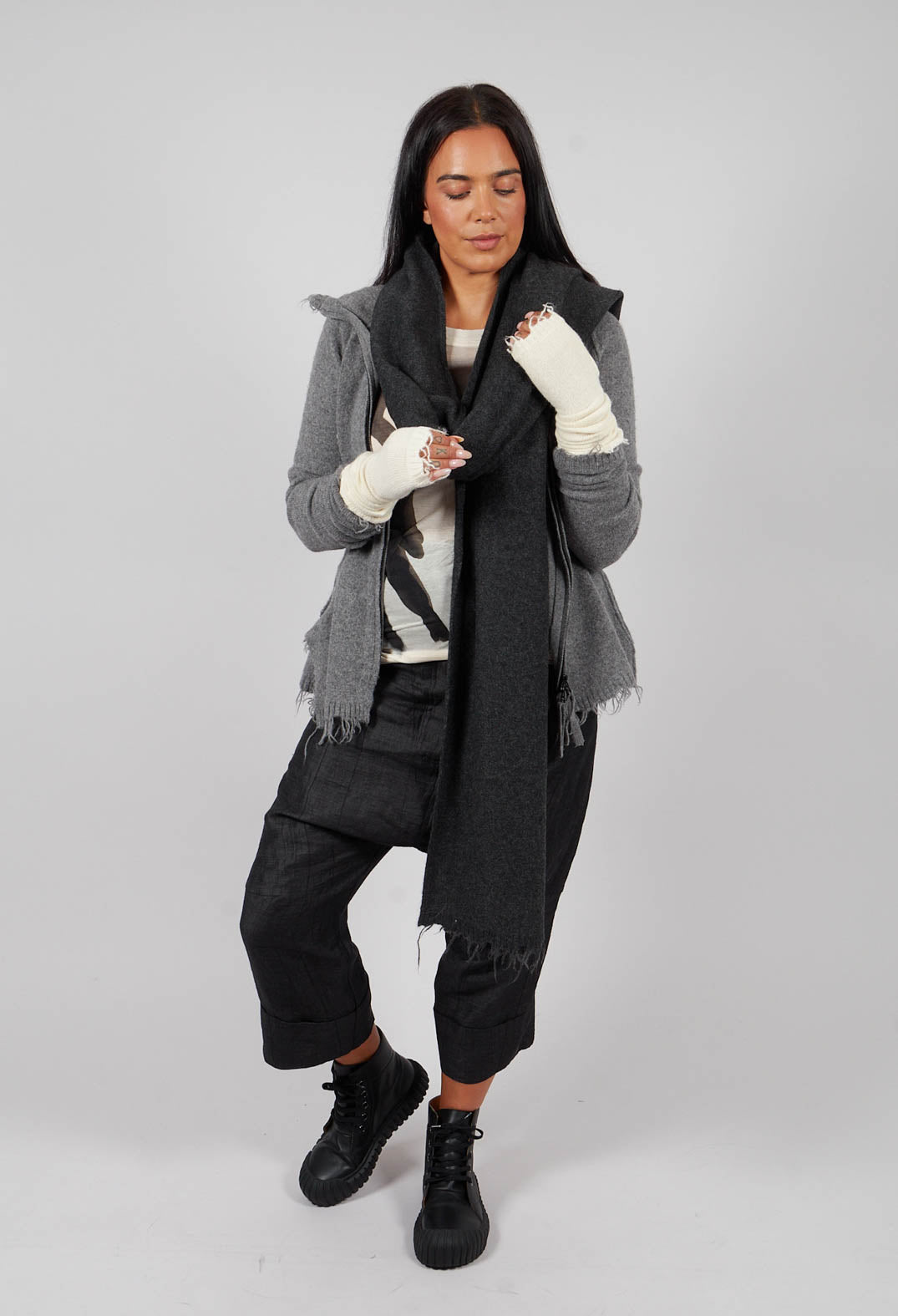 PRE-ORDER - Fingerless Gloves with Raw Edges in Bone - 1533107