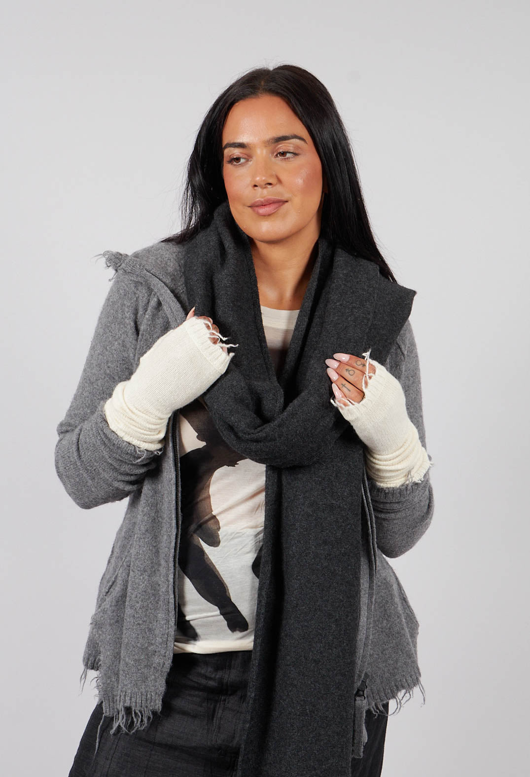 PRE-ORDER - Fingerless Gloves with Raw Edges in Bone - 1533107