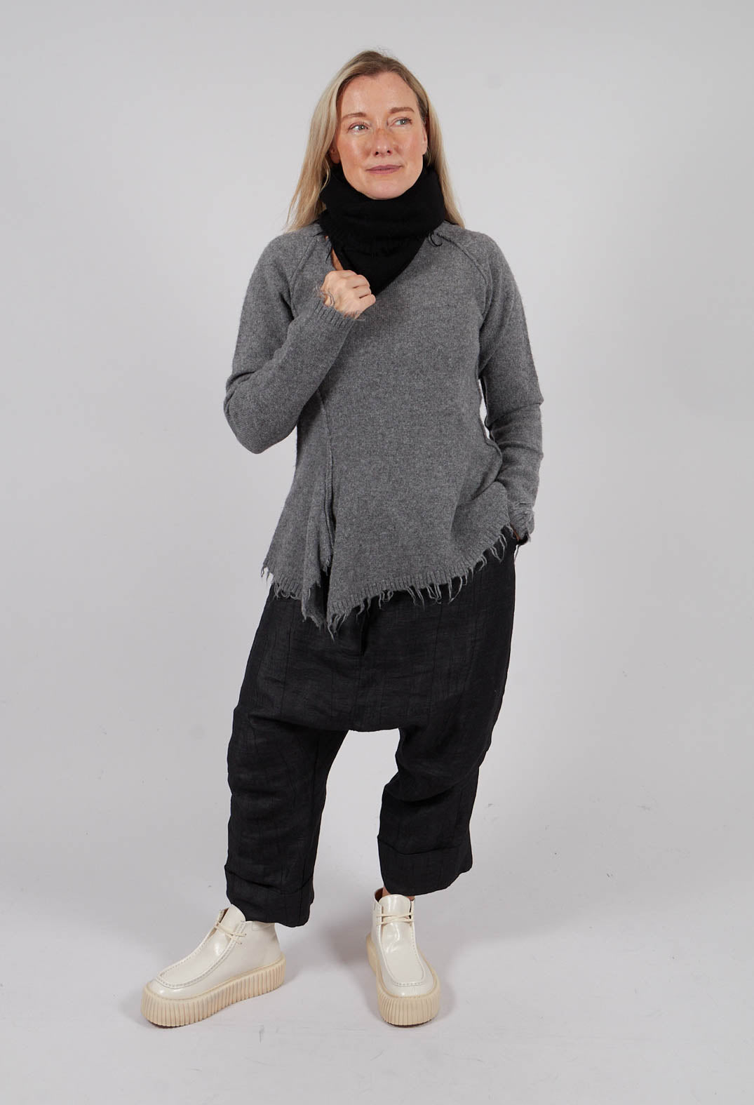 Knitted Hat with Raw Edges in Black - 1534608