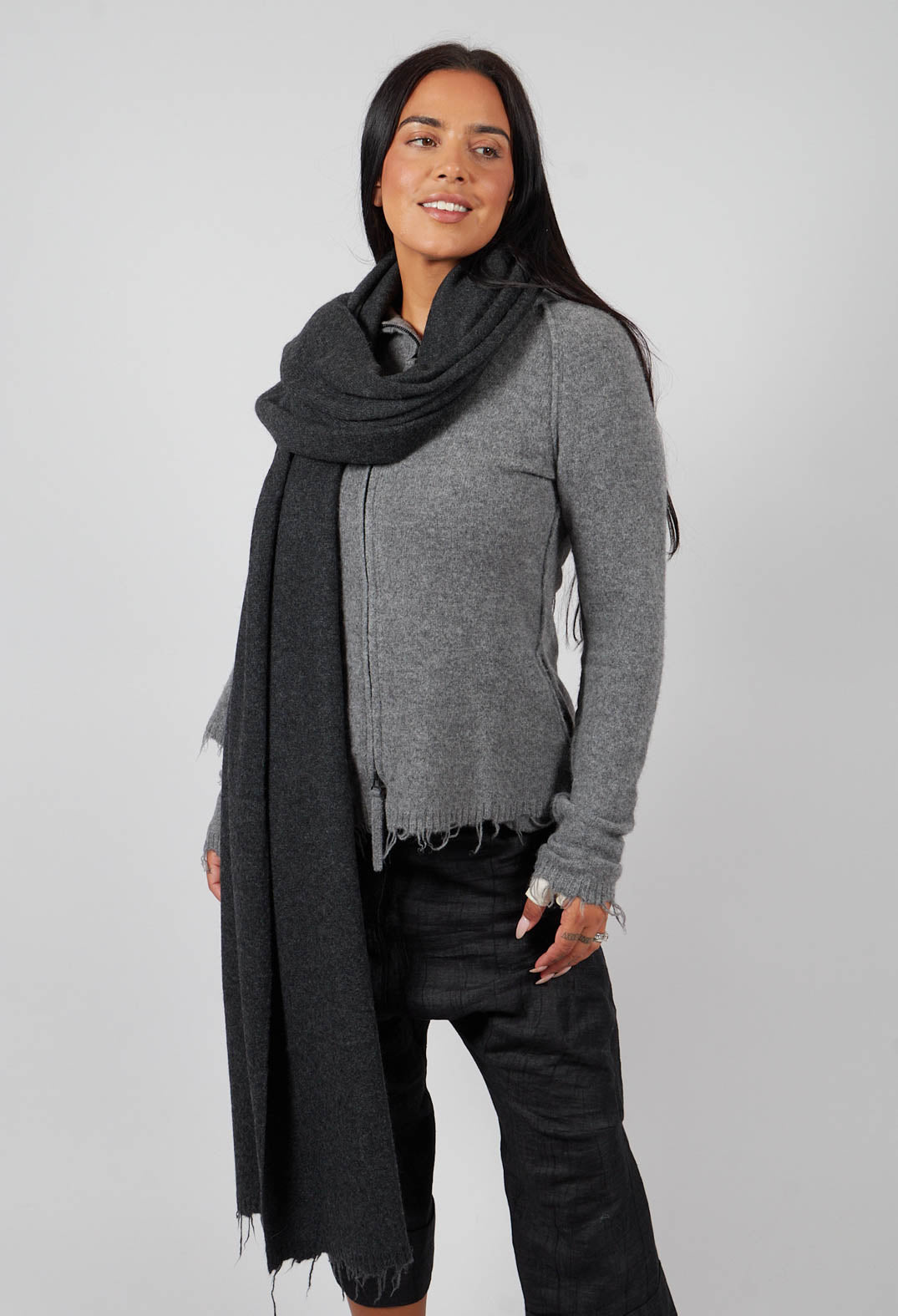 Raw Edge Knitted Scarf in Crow Mel - 1537709