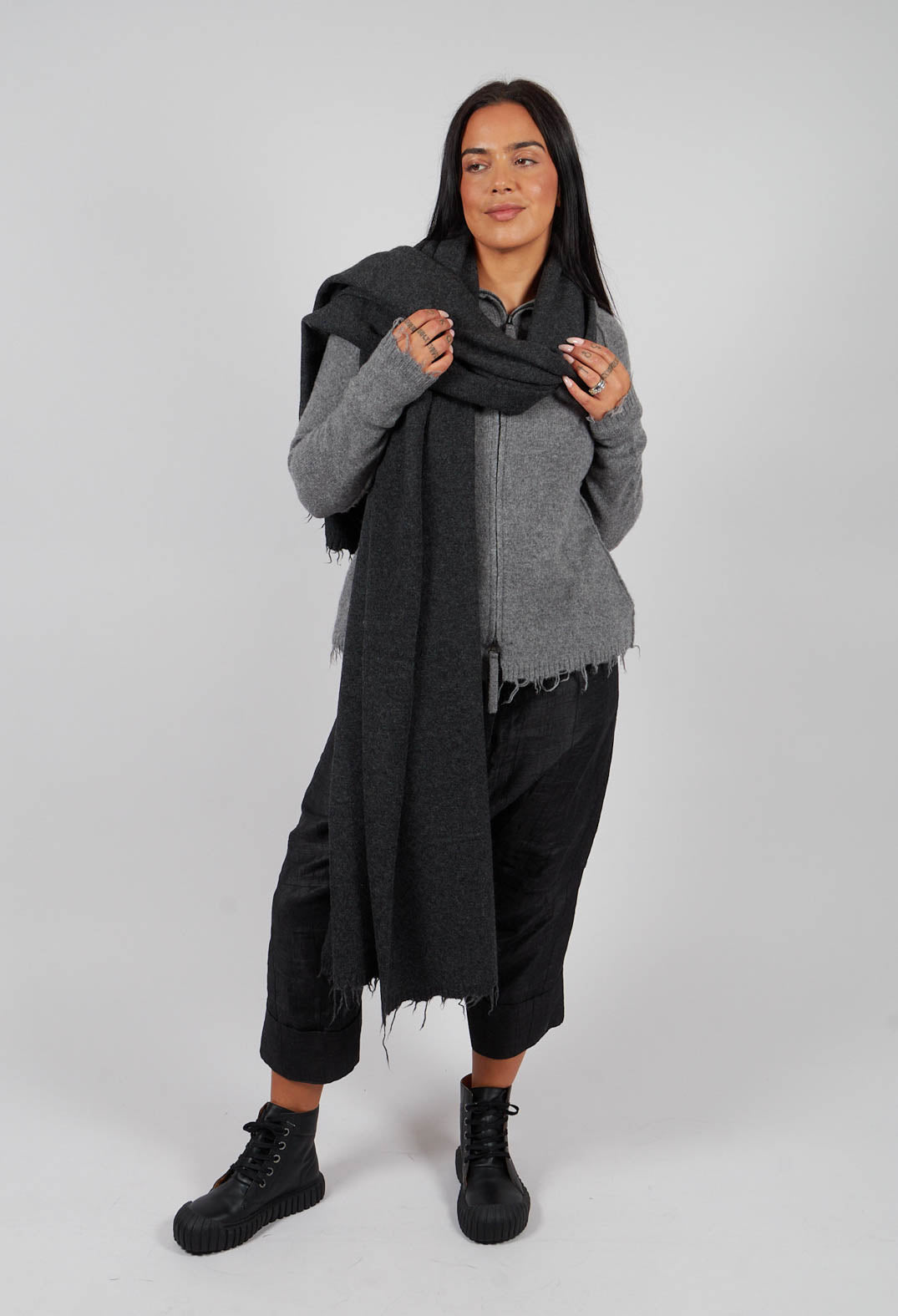 Raw Edge Knitted Scarf in Crow Mel - 1537709