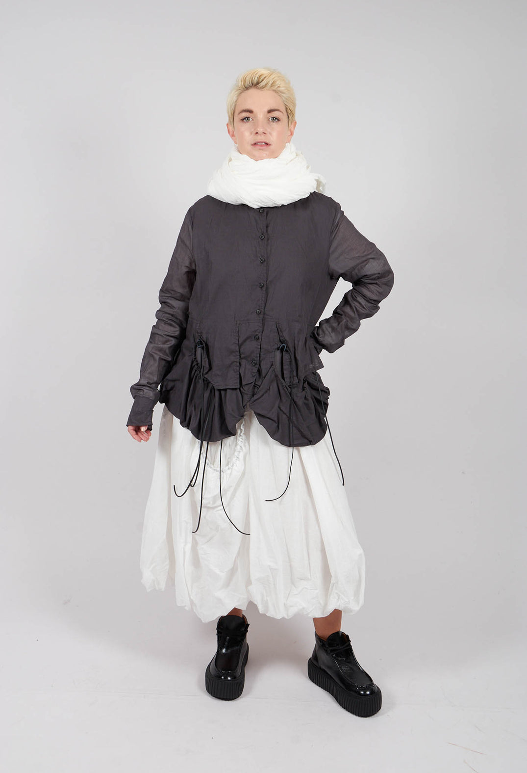 Tulip Hem Dress with Sheer Sleeves in Bone Paper - 1550903