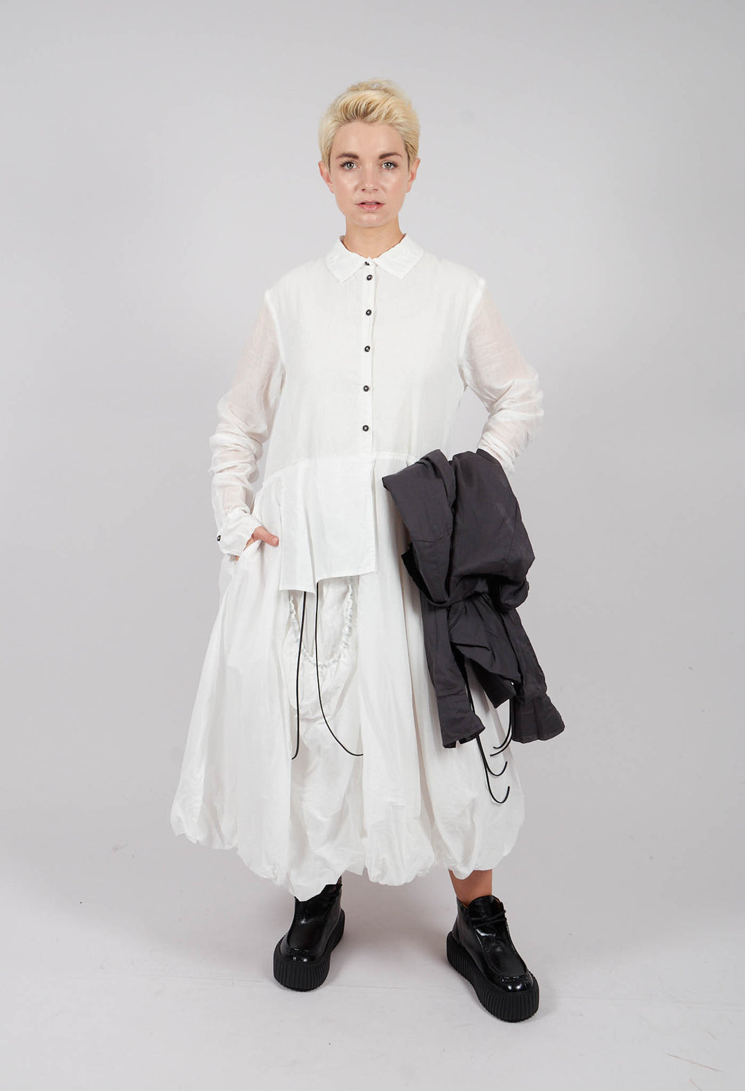 Tulip Hem Dress with Sheer Sleeves in Bone Paper - 1550903