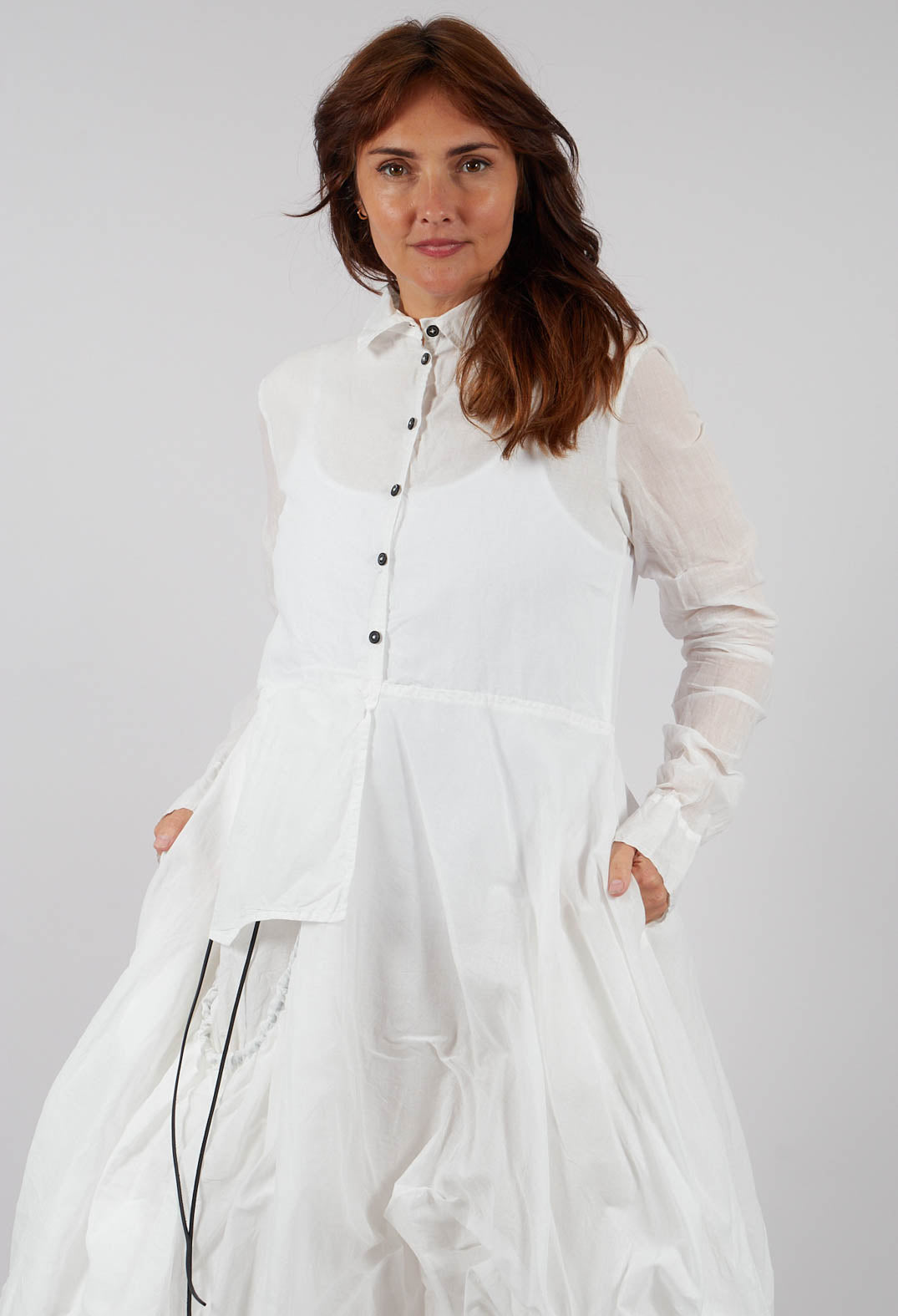 Tulip Hem Dress with Sheer Sleeves in Bone Paper - 1550903
