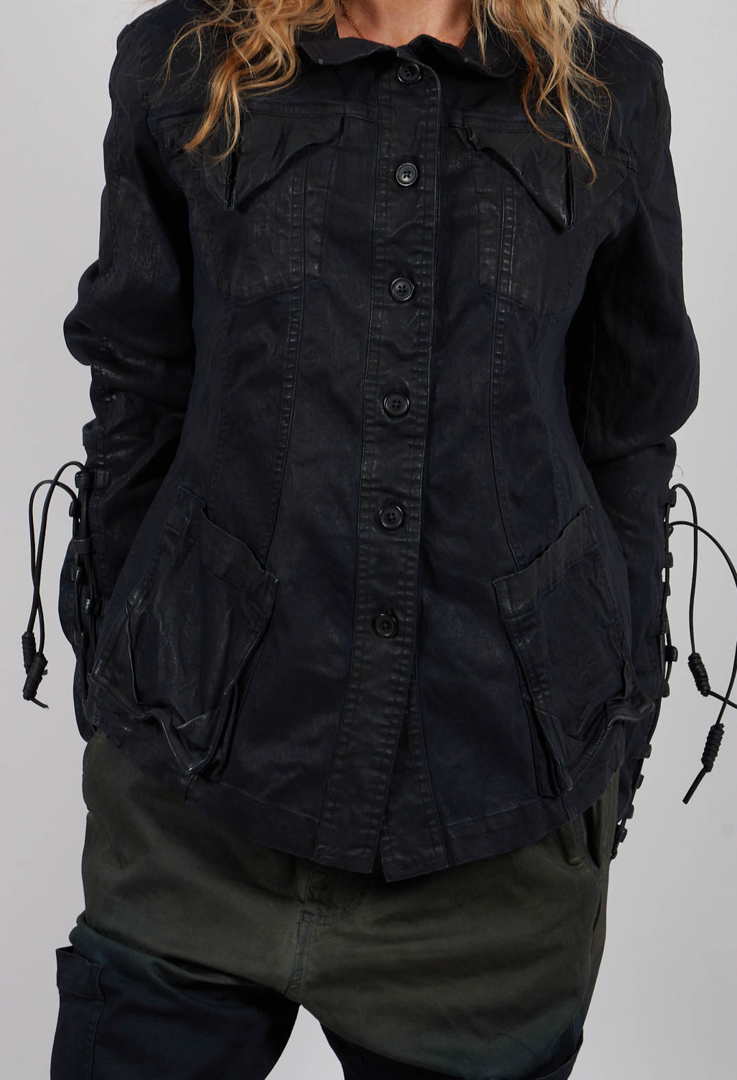 Button Through Jacket in Black Gloss - 2061117